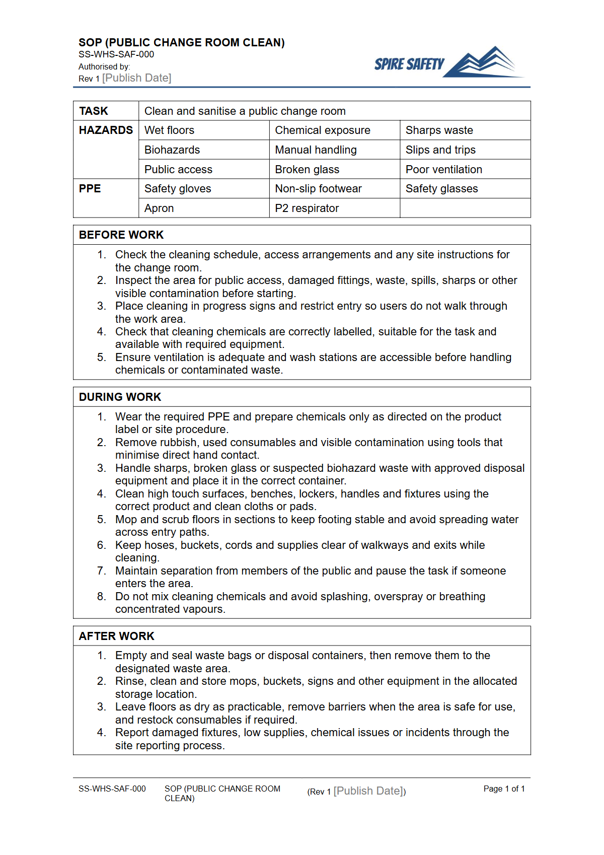 Free Safe Operating Procedure (Public Change Room Clean) Template — document preview