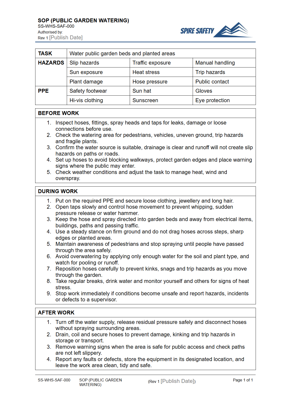 Free Safe Operating Procedure (Public Garden Watering) Template — document preview