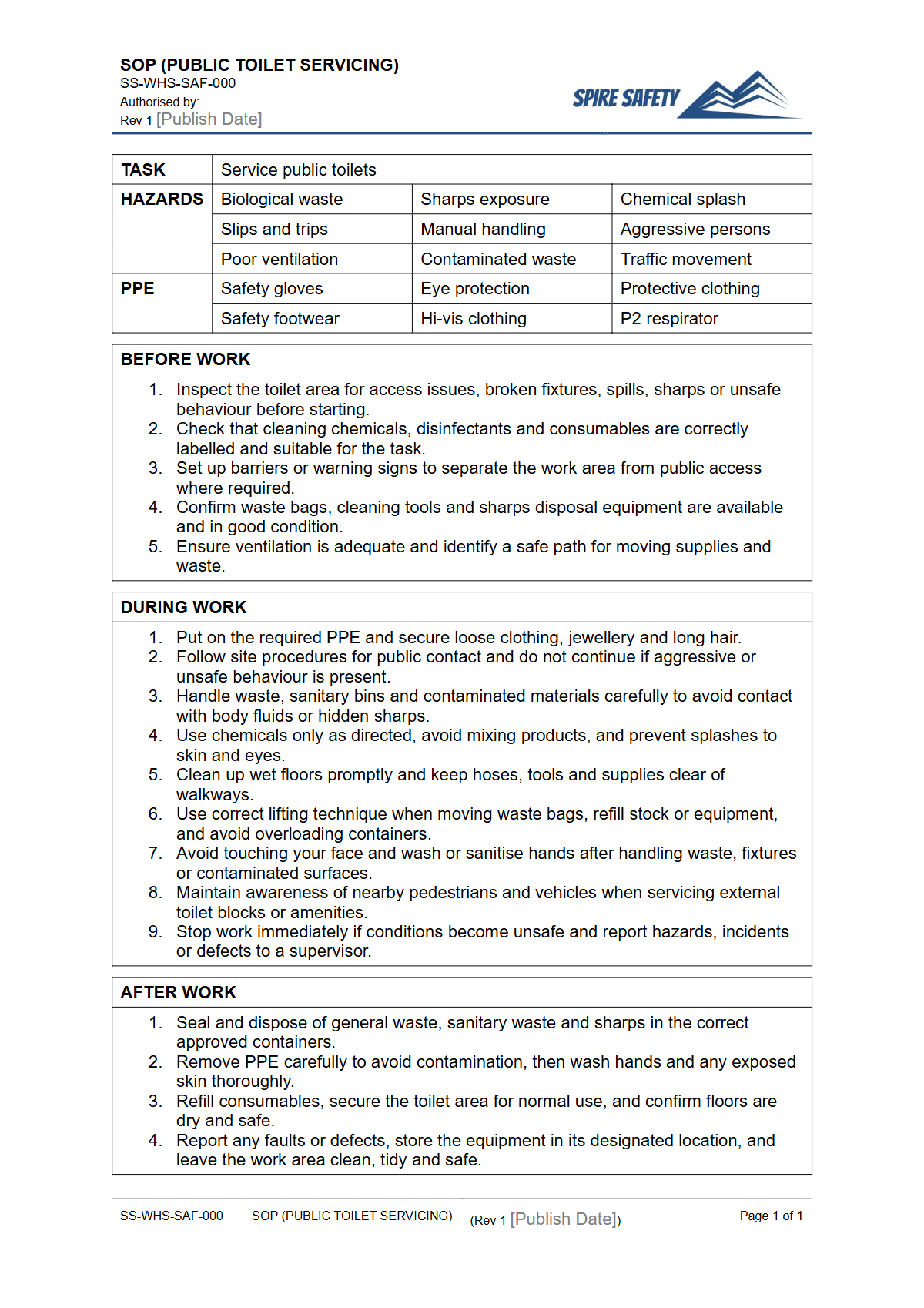 Free Safe Operating Procedure (Public Toilet Servicing) Template — document preview