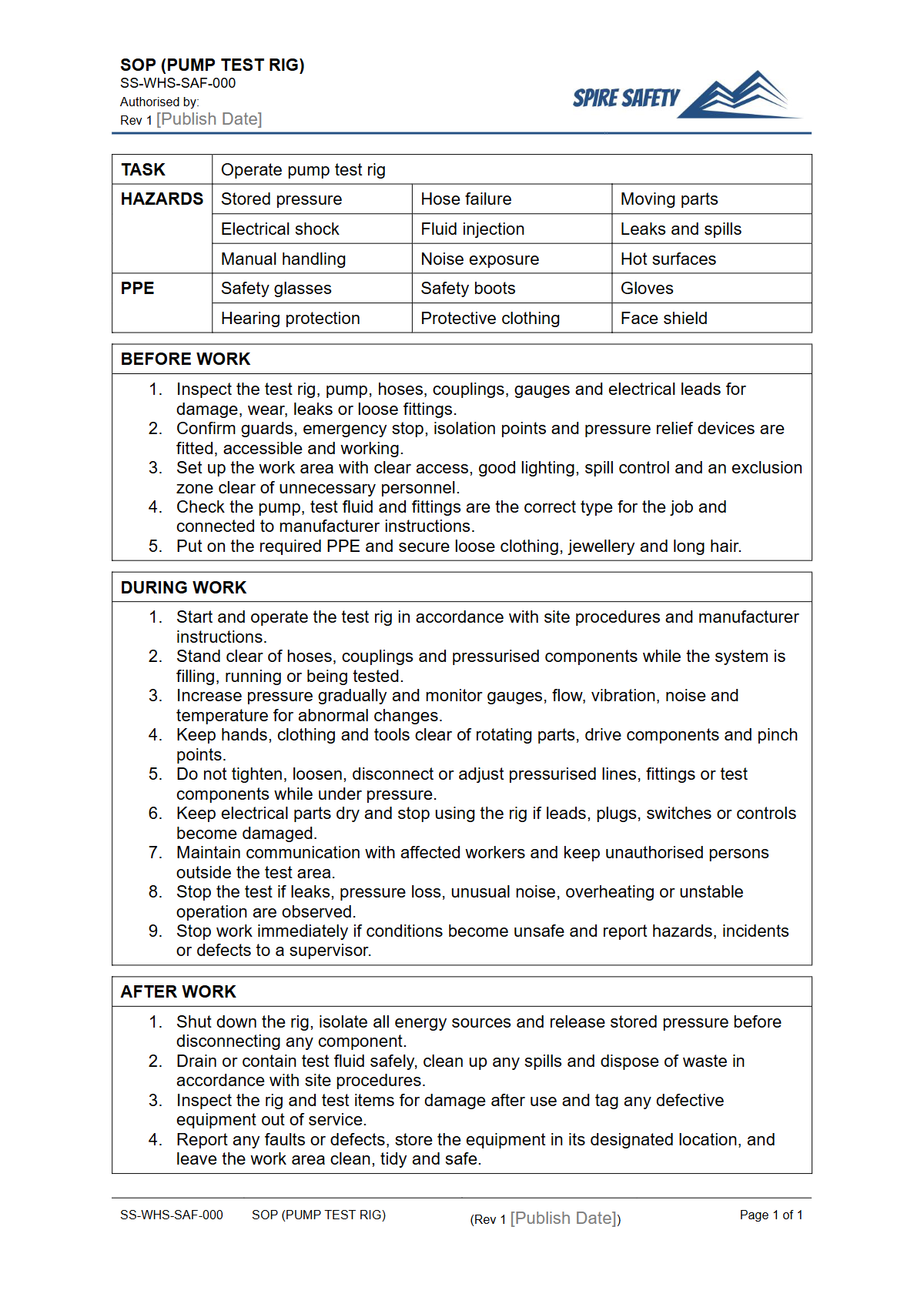 Free Safe Operating Procedure (Pump Test Rig) Template — document preview