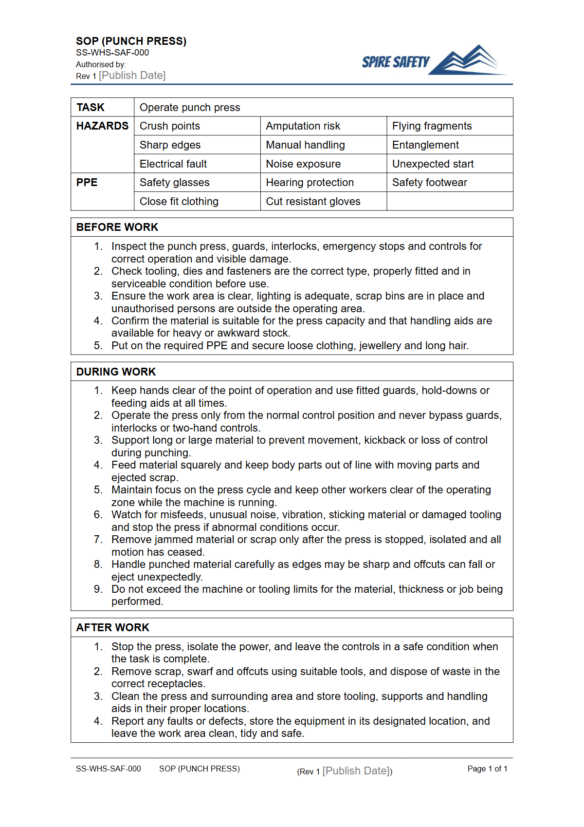Free Safe Operating Procedure (Punch Press) Template — document preview
