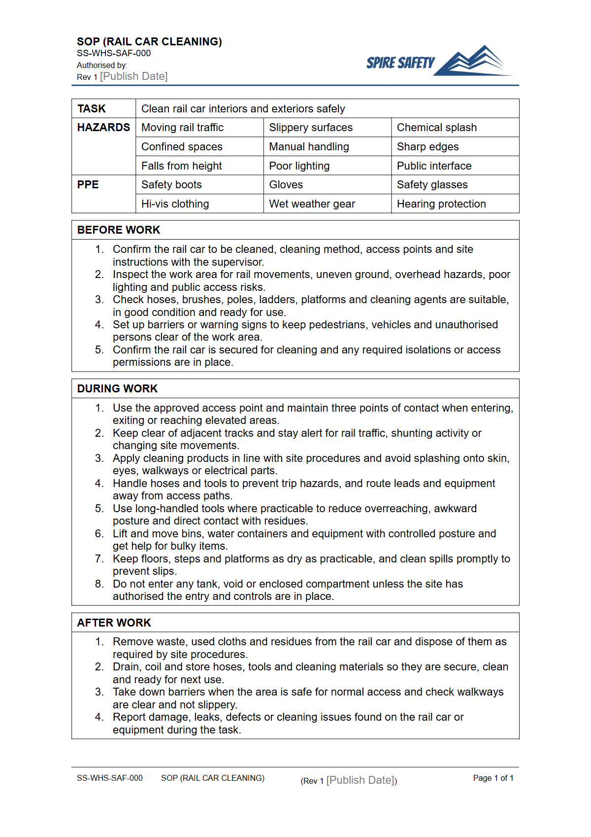Free Safe Operating Procedure (Rail Car Cleaning) Template — document preview