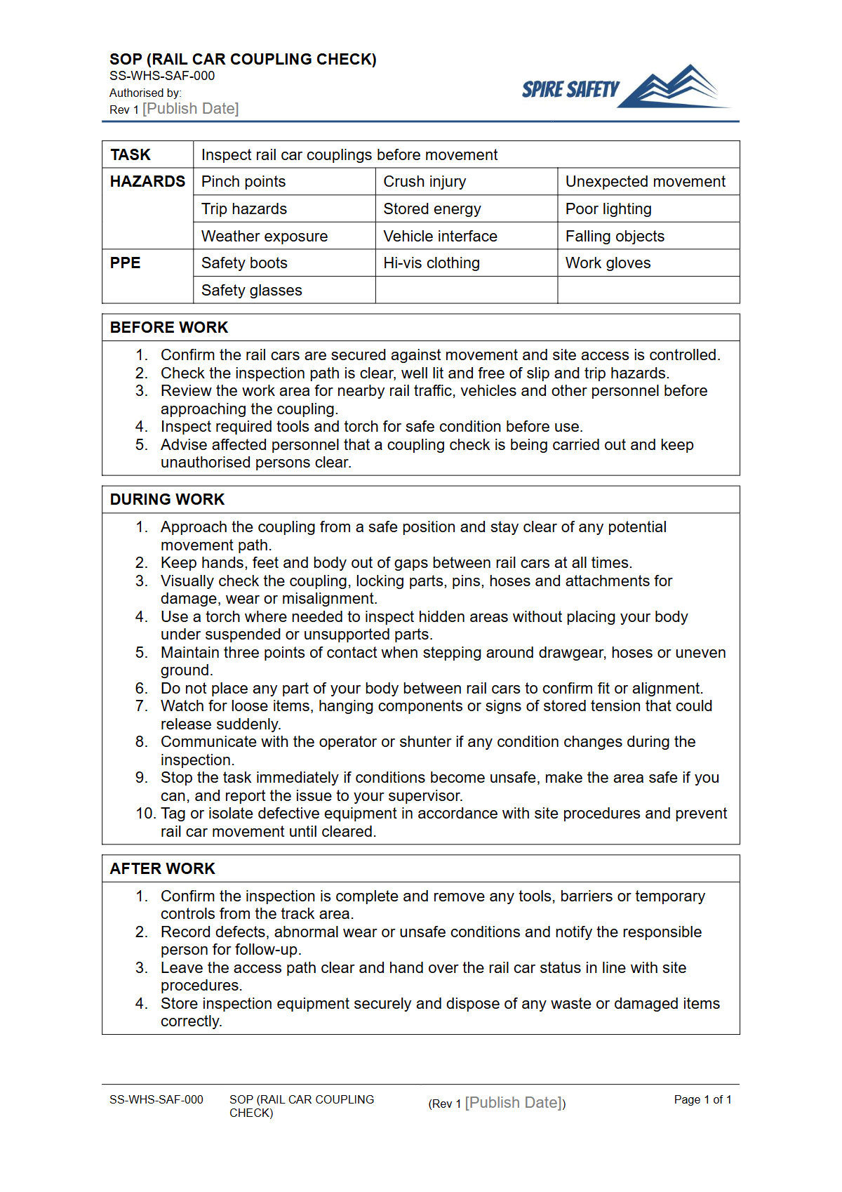 Free Safe Operating Procedure (Rail Car Coupling Check) Template — document preview