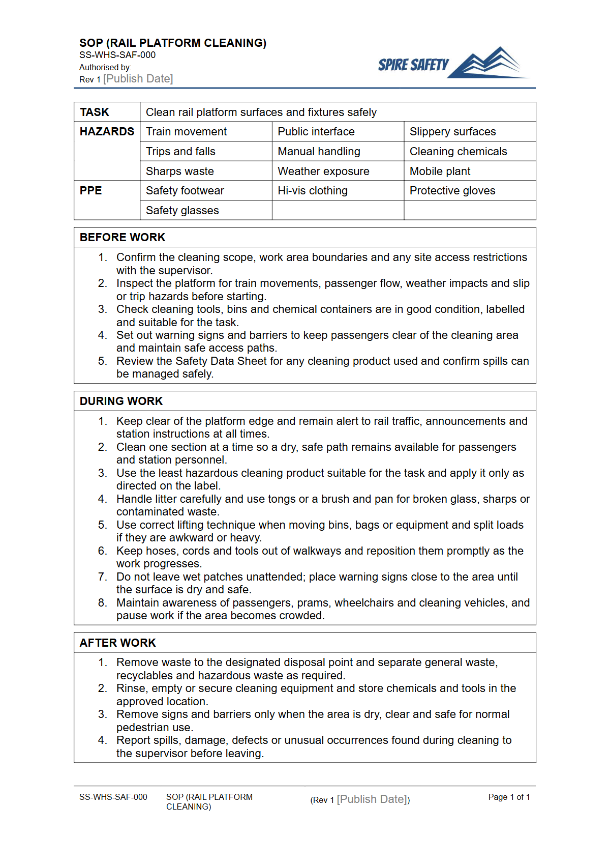 Free Safe Operating Procedure (Rail Platform Cleaning) Template — document preview