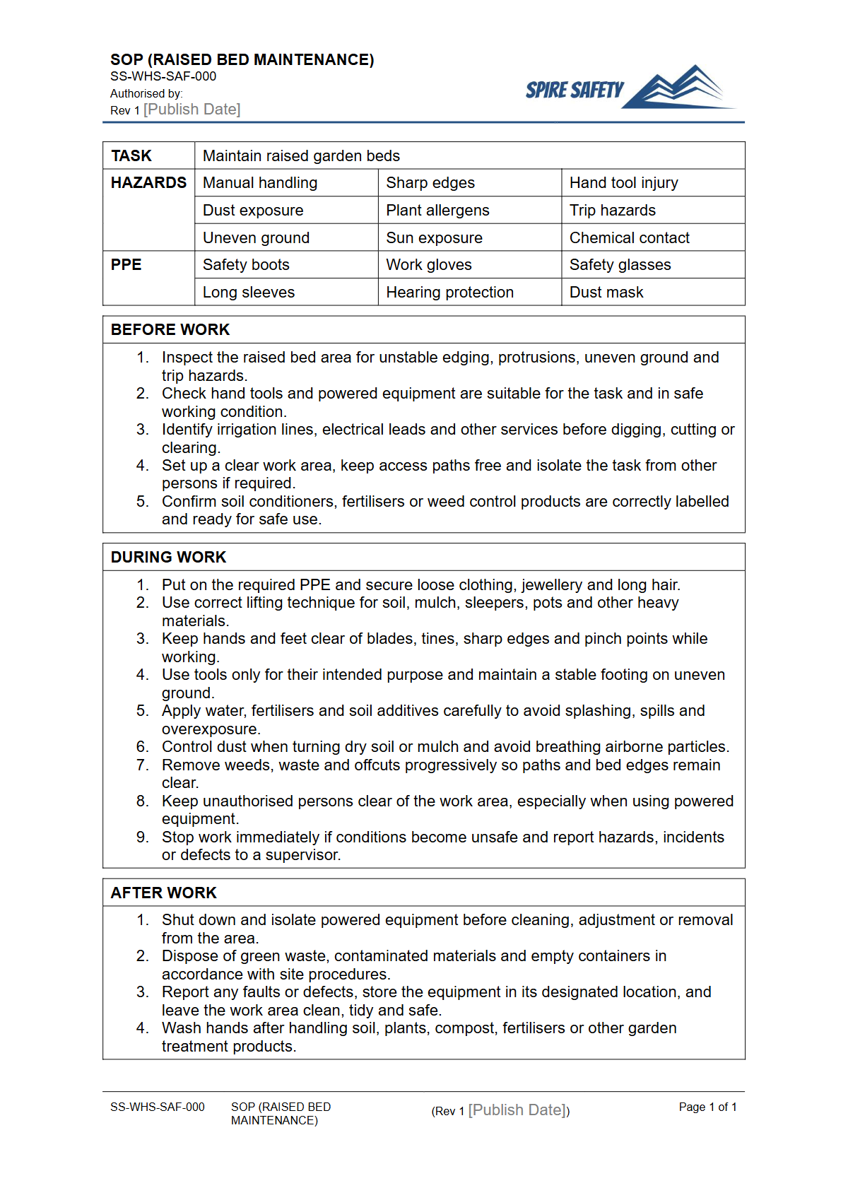Free Safe Operating Procedure (Raised Bed Maintenance) Template — document preview