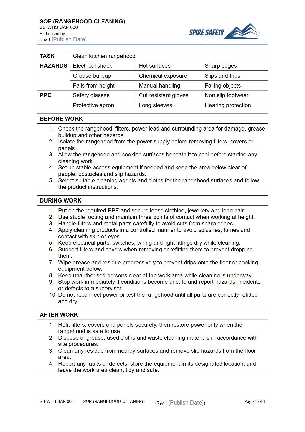 Free Safe Operating Procedure (Rangehood Cleaning) Template — document preview