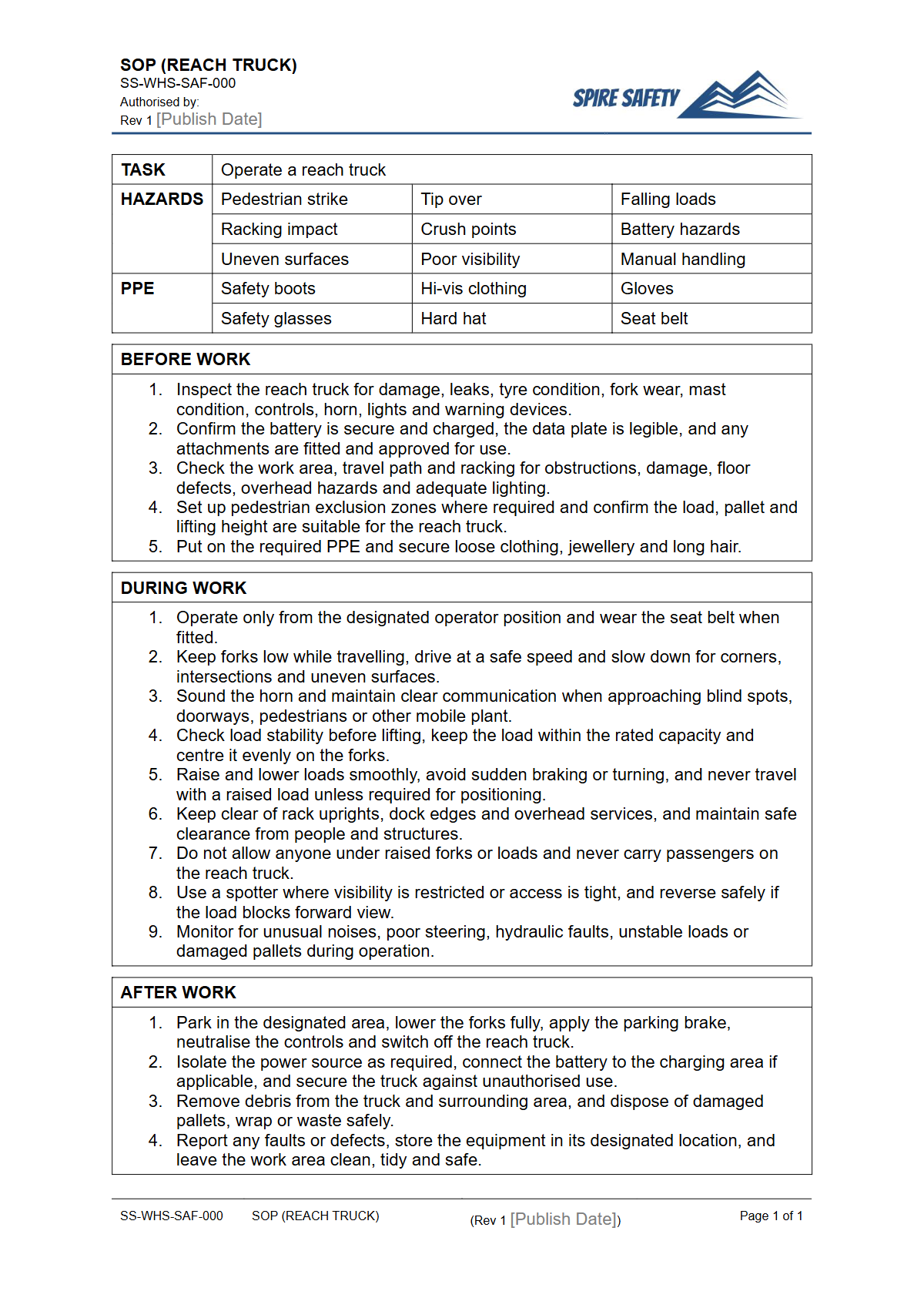Free Safe Operating Procedure (Reach Truck) Template — document preview