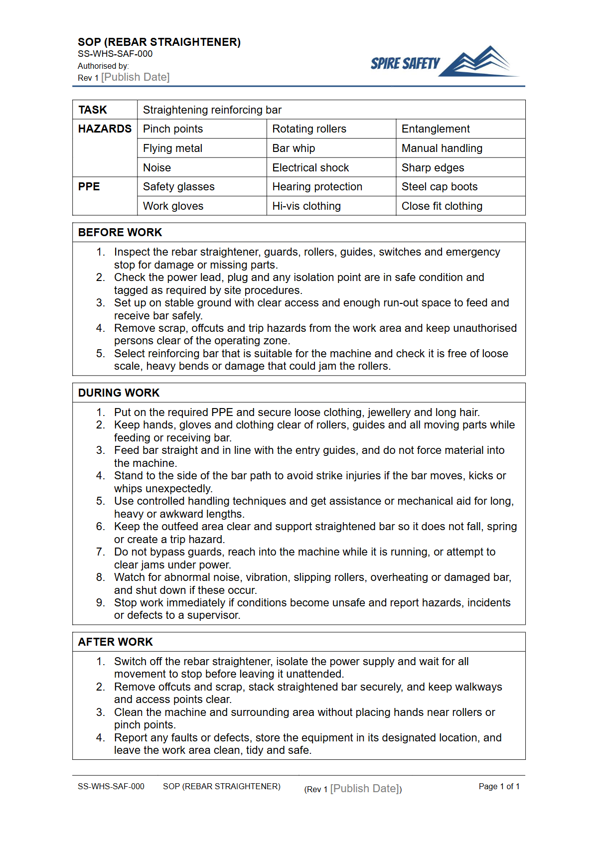 Free Safe Operating Procedure (Rebar Straightener) Template — document preview