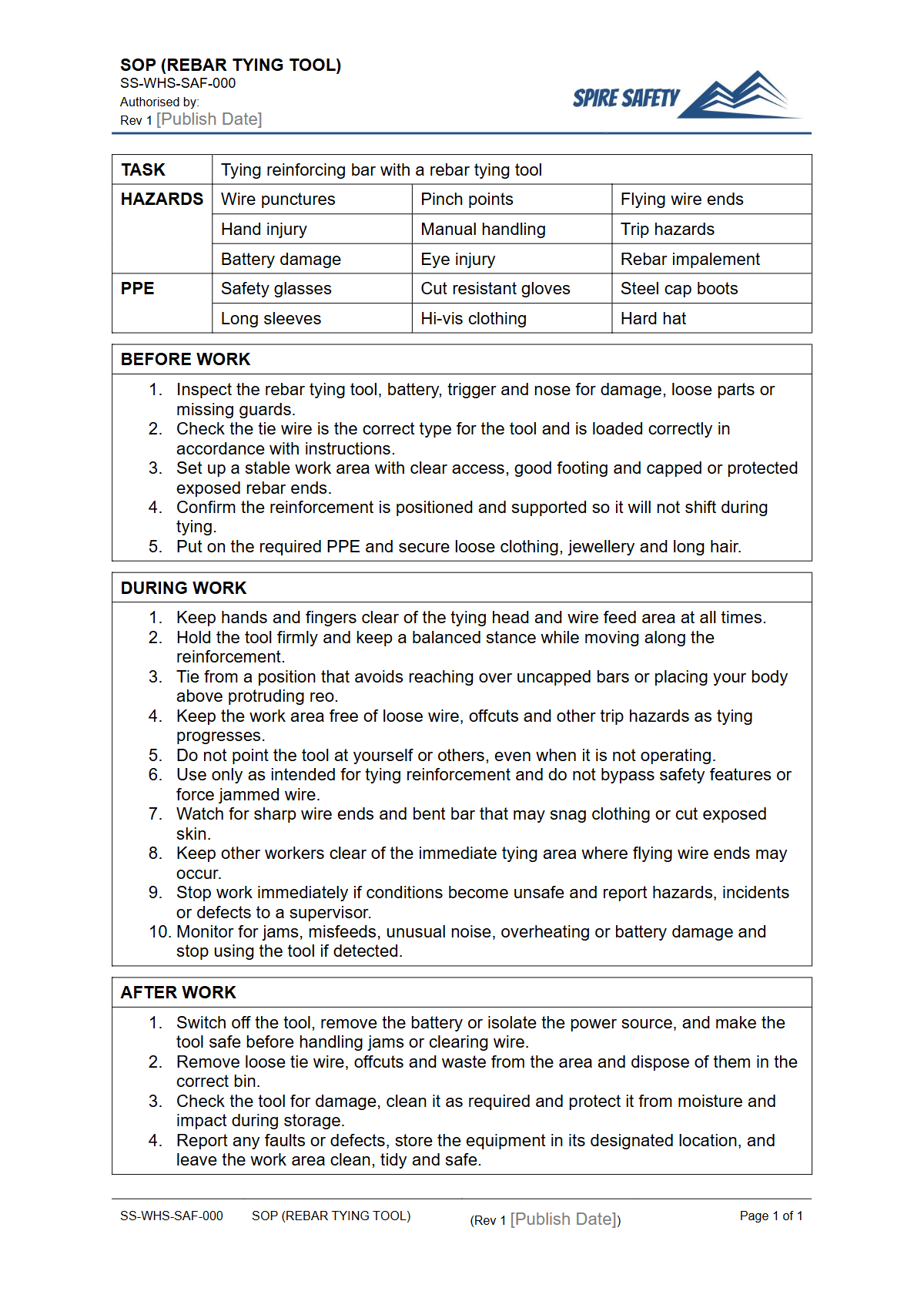 Free Safe Operating Procedure (Rebar Tying Tool) Template — document preview