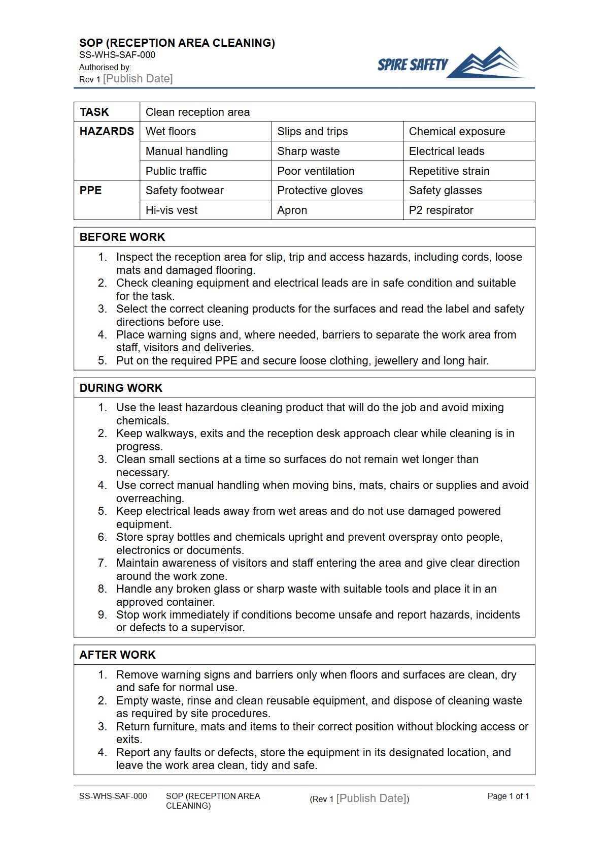 Free Safe Operating Procedure (Reception Area Cleaning) Template — document preview