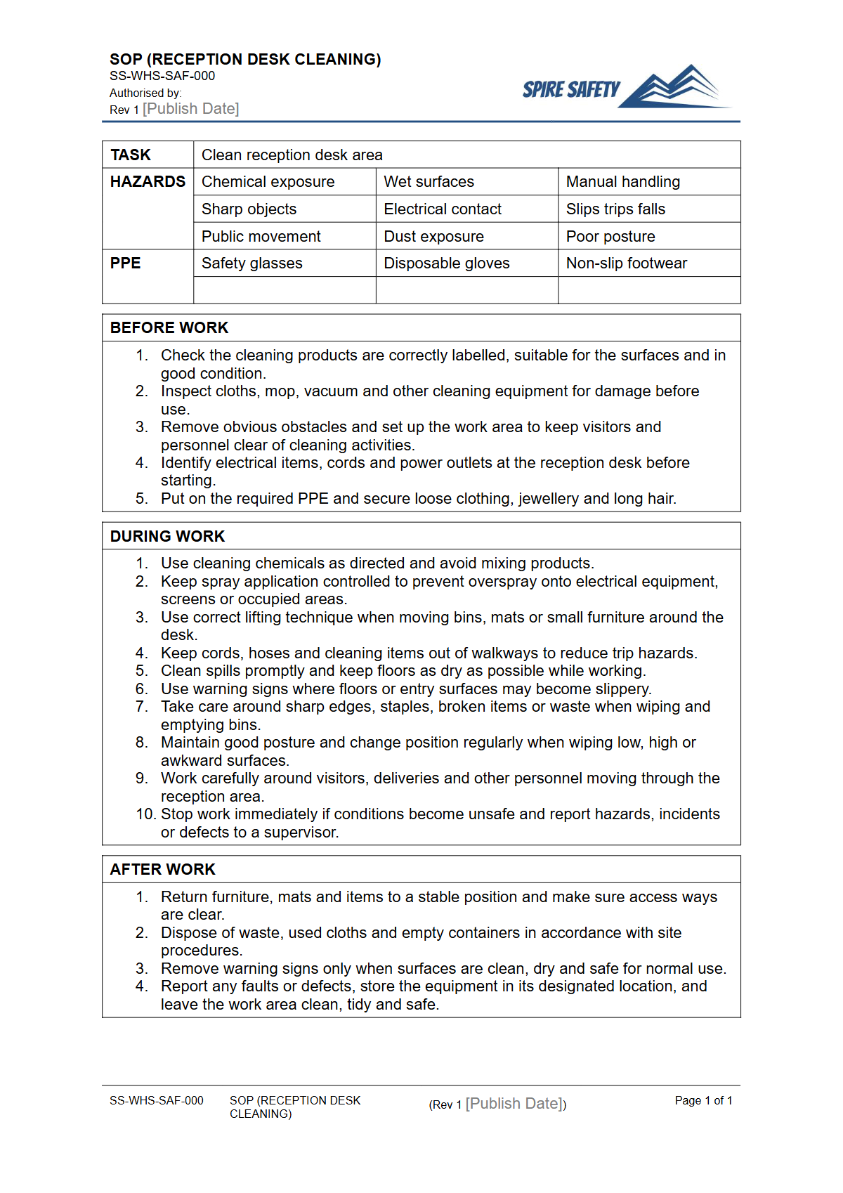 Free Safe Operating Procedure (Reception Desk Cleaning) Template — document preview