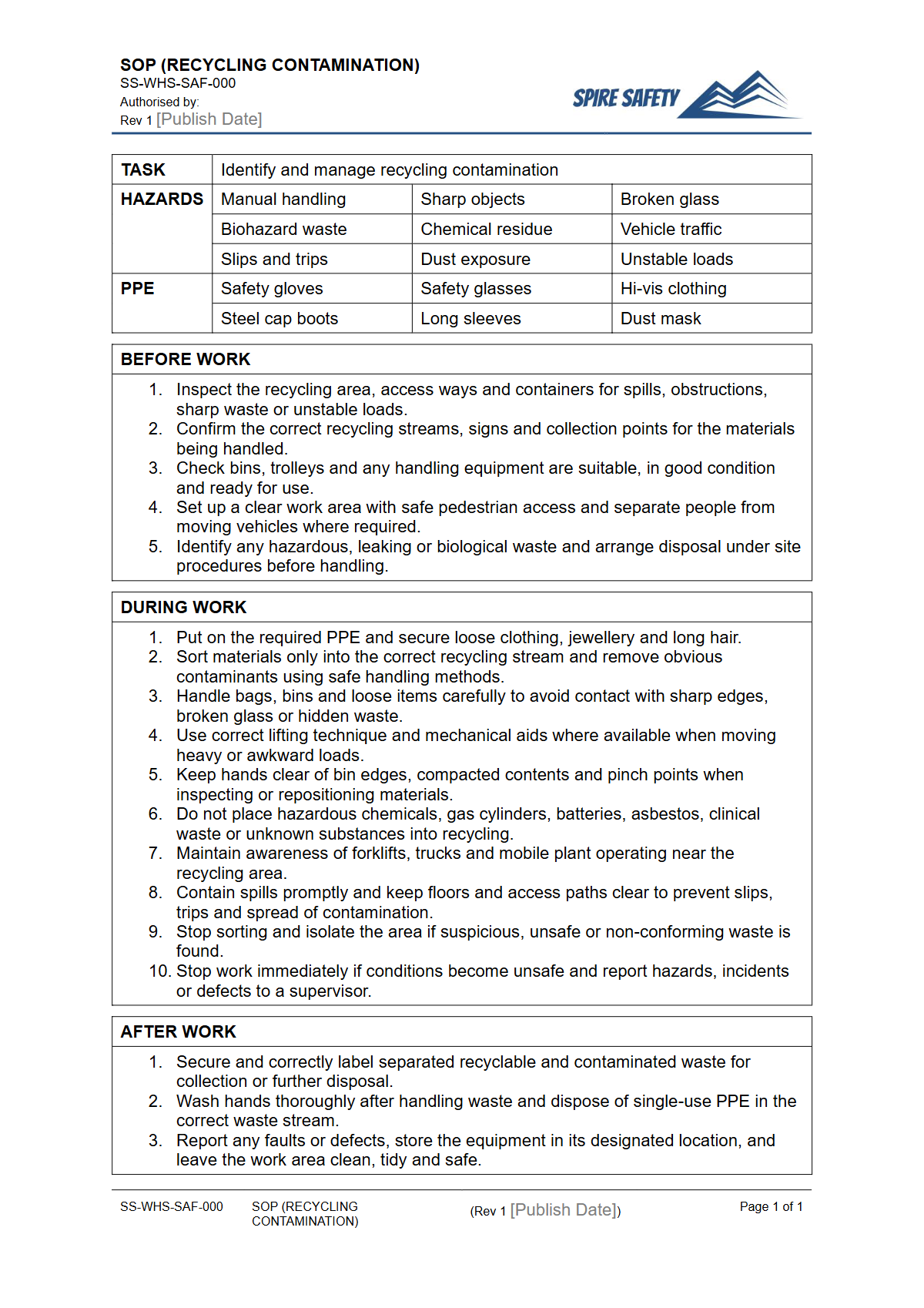 Free Safe Operating Procedure (Recycling Contamination) Template — document preview