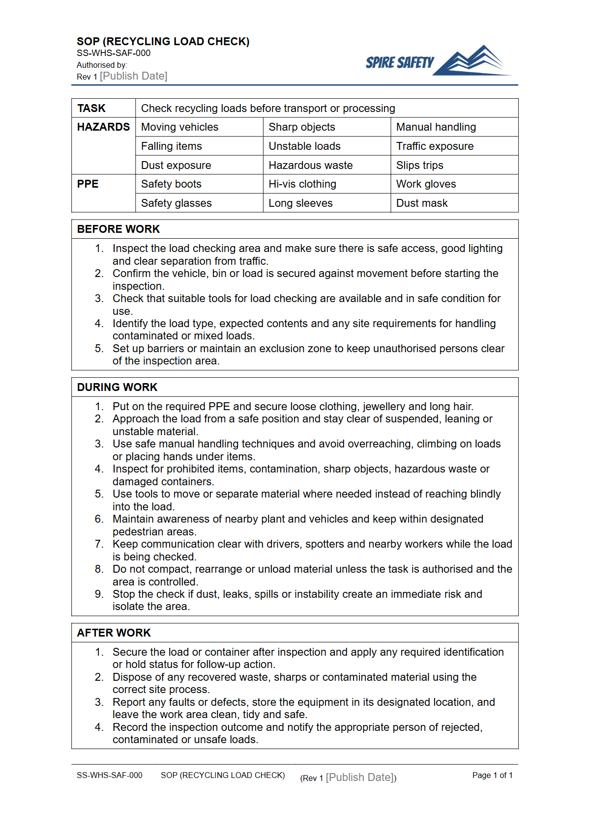 Free Safe Operating Procedure (Recycling Load Check) Template — document preview