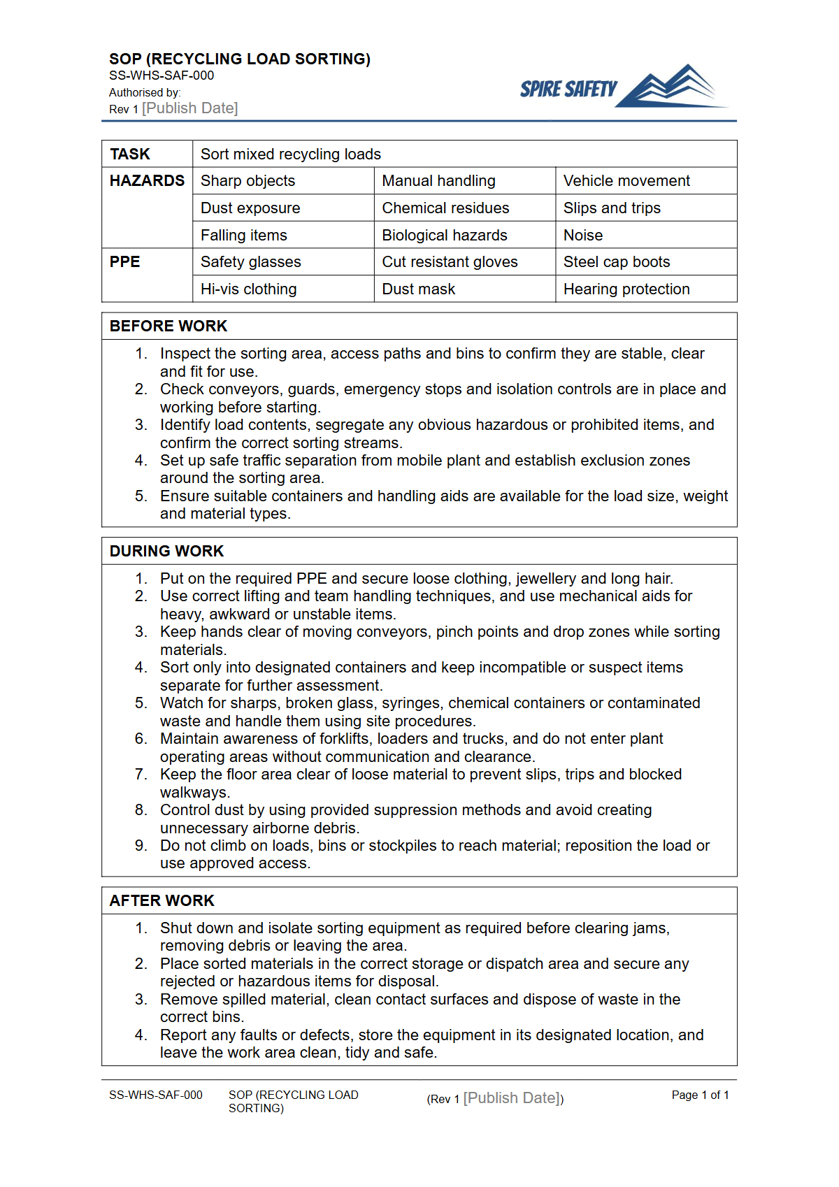 Free Safe Operating Procedure (Recycling Load Sorting) Template — document preview