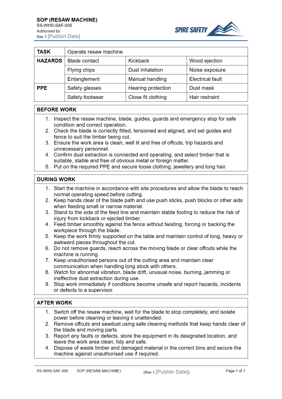 Free Safe Operating Procedure (Resaw Machine) Template — document preview