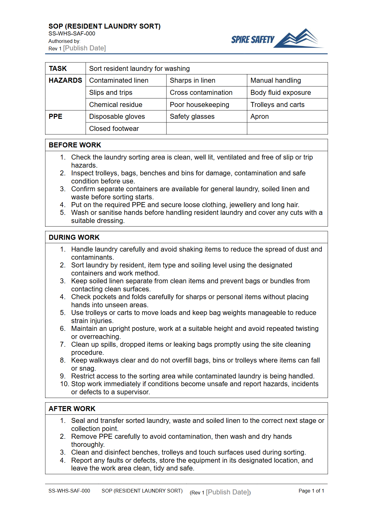 Free Safe Operating Procedure (Resident Laundry Sort) Template — document preview