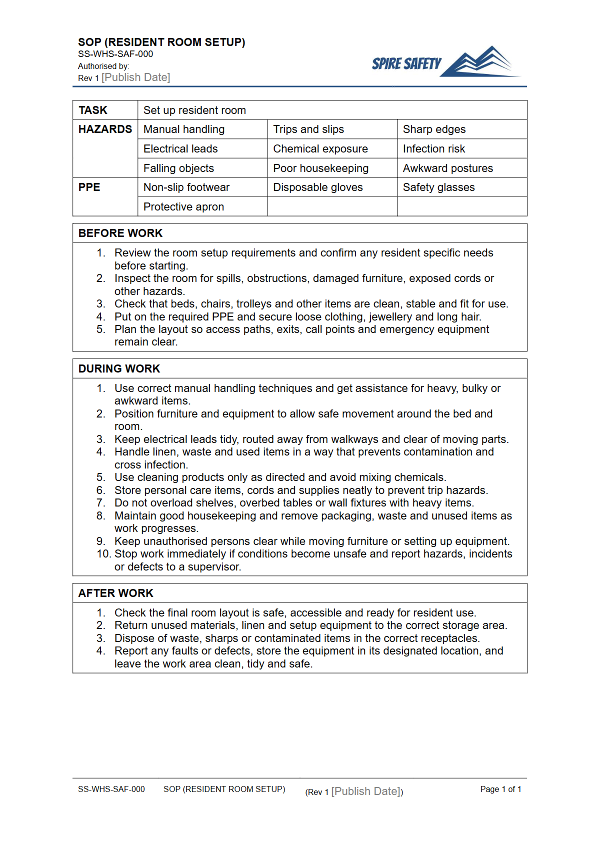 Free Safe Operating Procedure (Resident Room Setup) Template — document preview