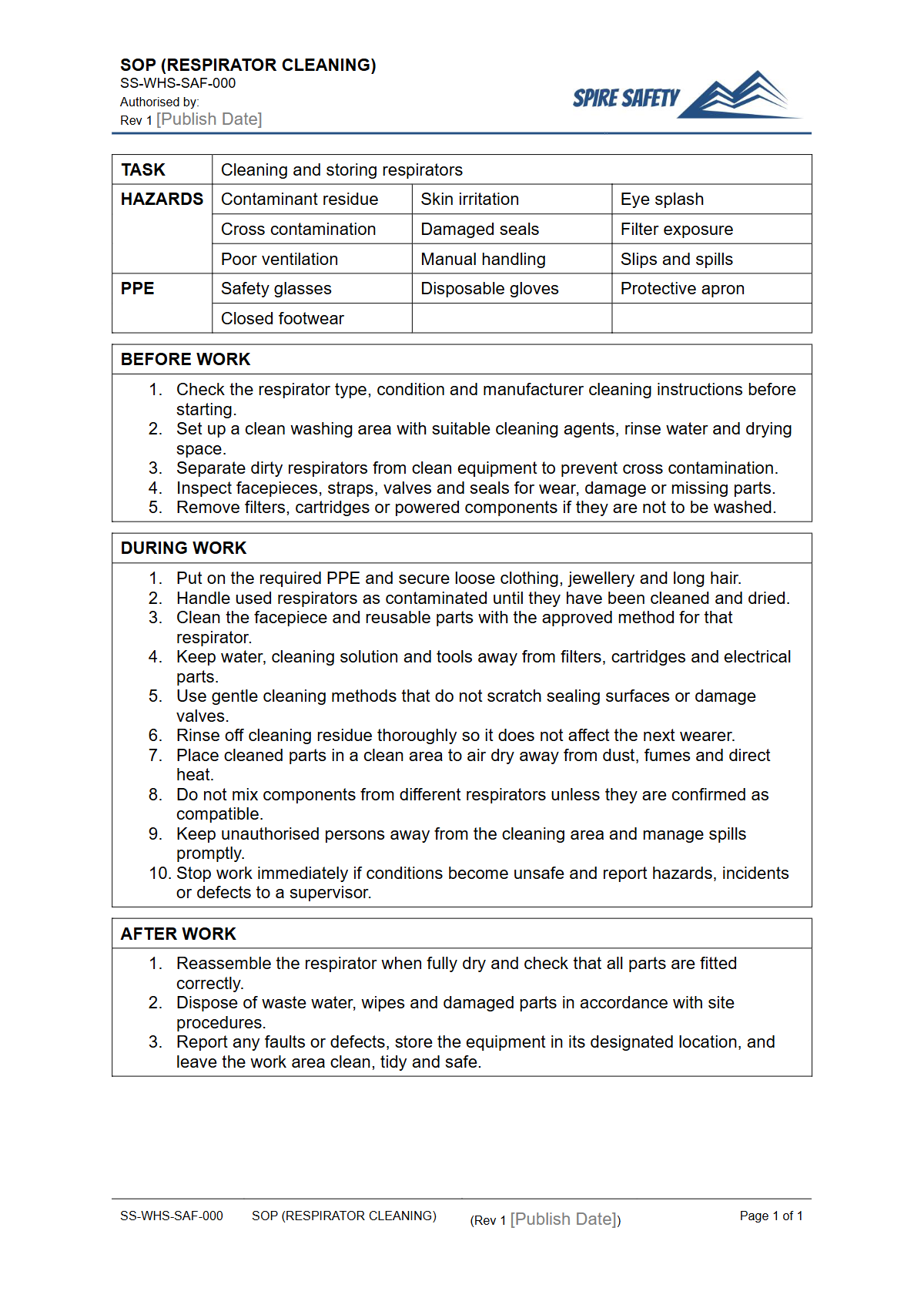 Free Safe Operating Procedure (Respirator Cleaning) Template — document preview
