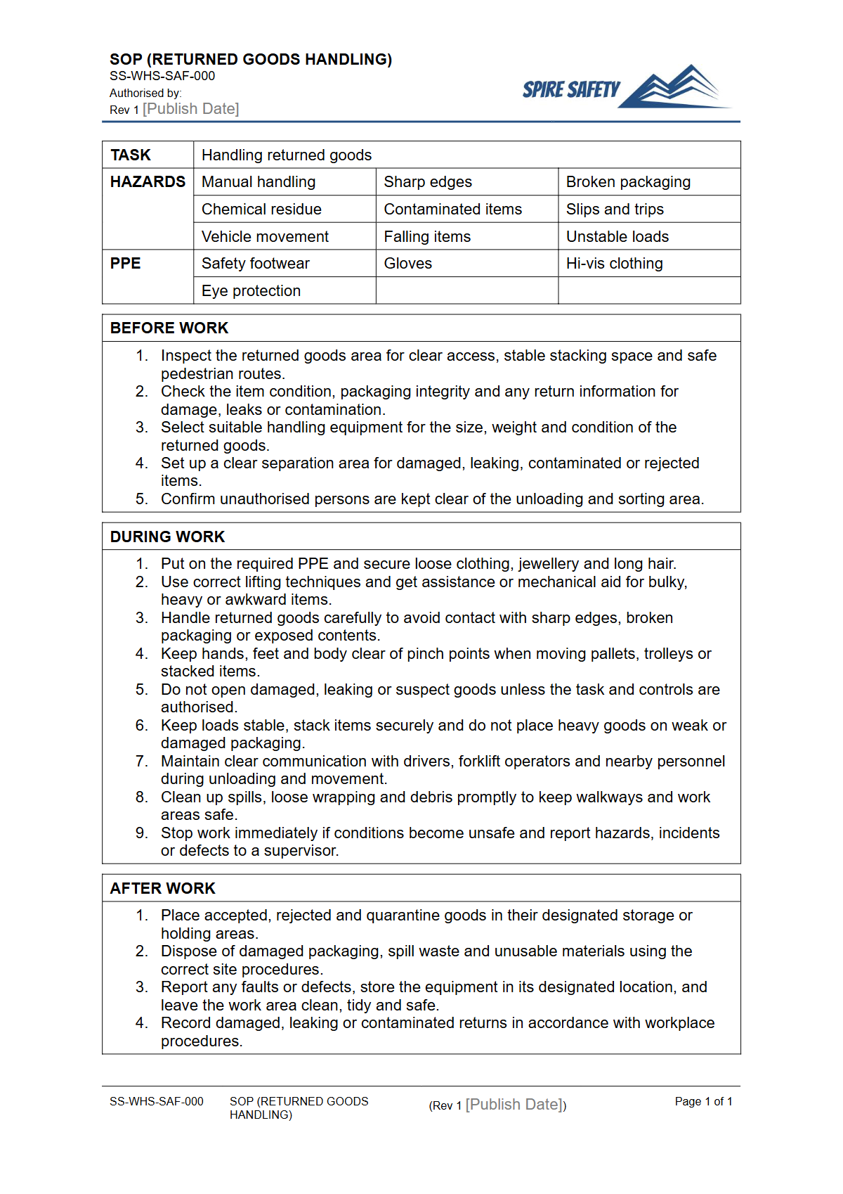 Free Safe Operating Procedure (Returned Goods Handling) Template — document preview