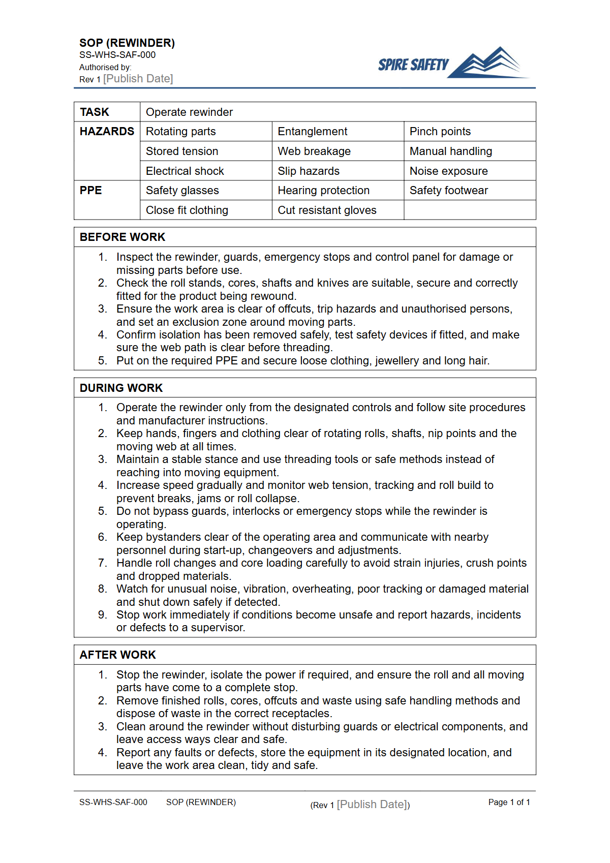 Free Safe Operating Procedure (Rewinder) Template — document preview