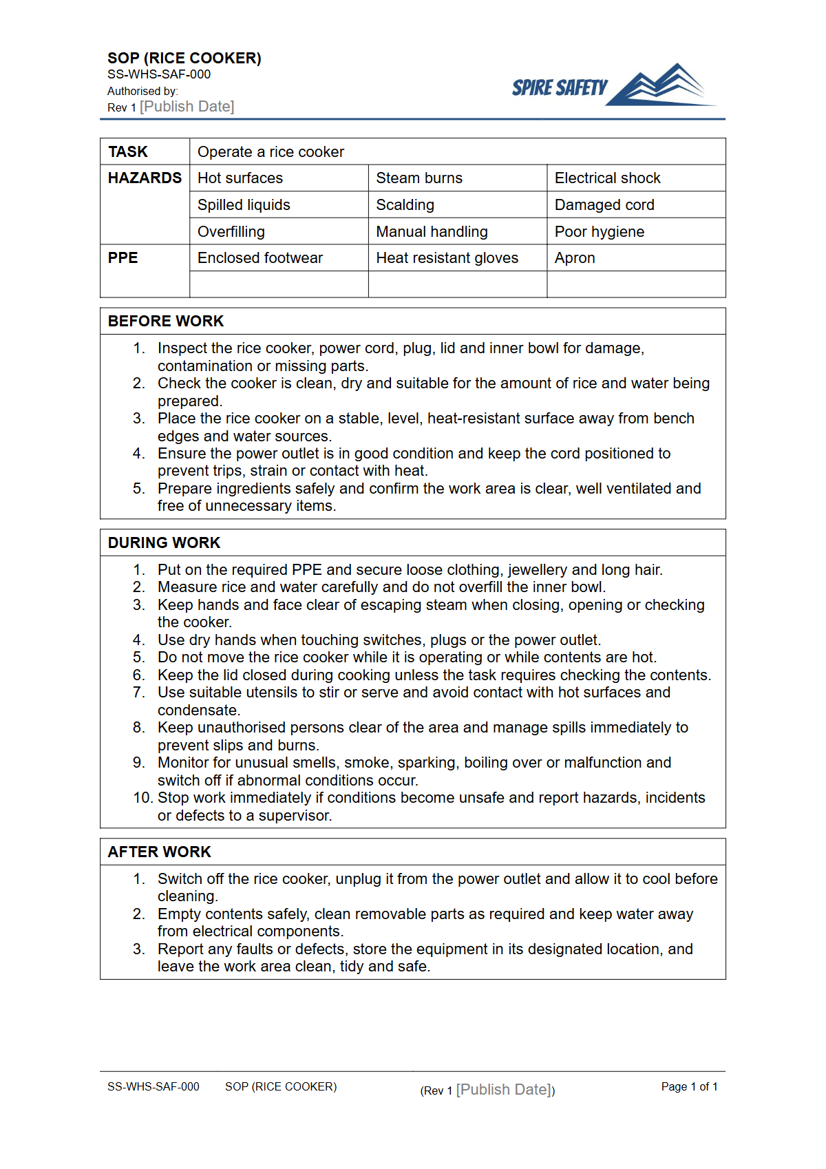 Free Safe Operating Procedure (Rice Cooker) Template — document preview