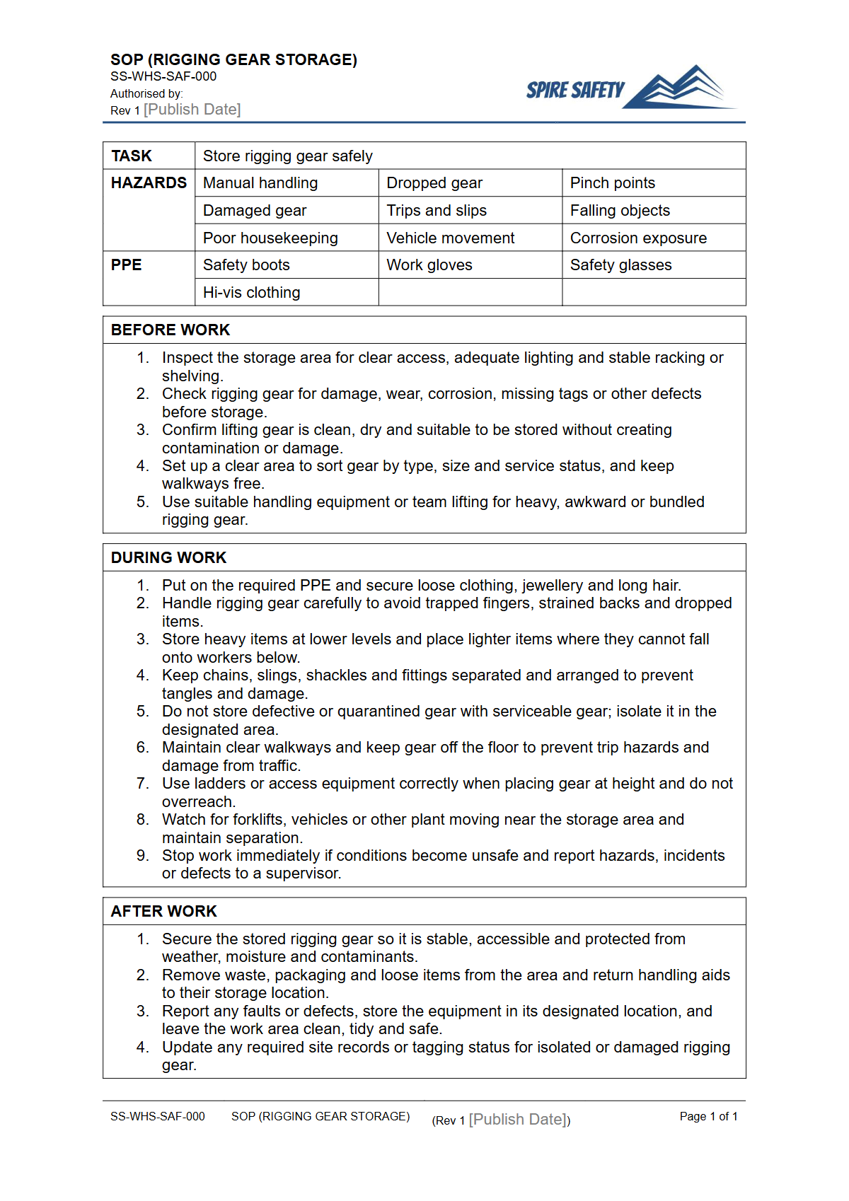Free Safe Operating Procedure (Rigging Gear Storage) Template — document preview