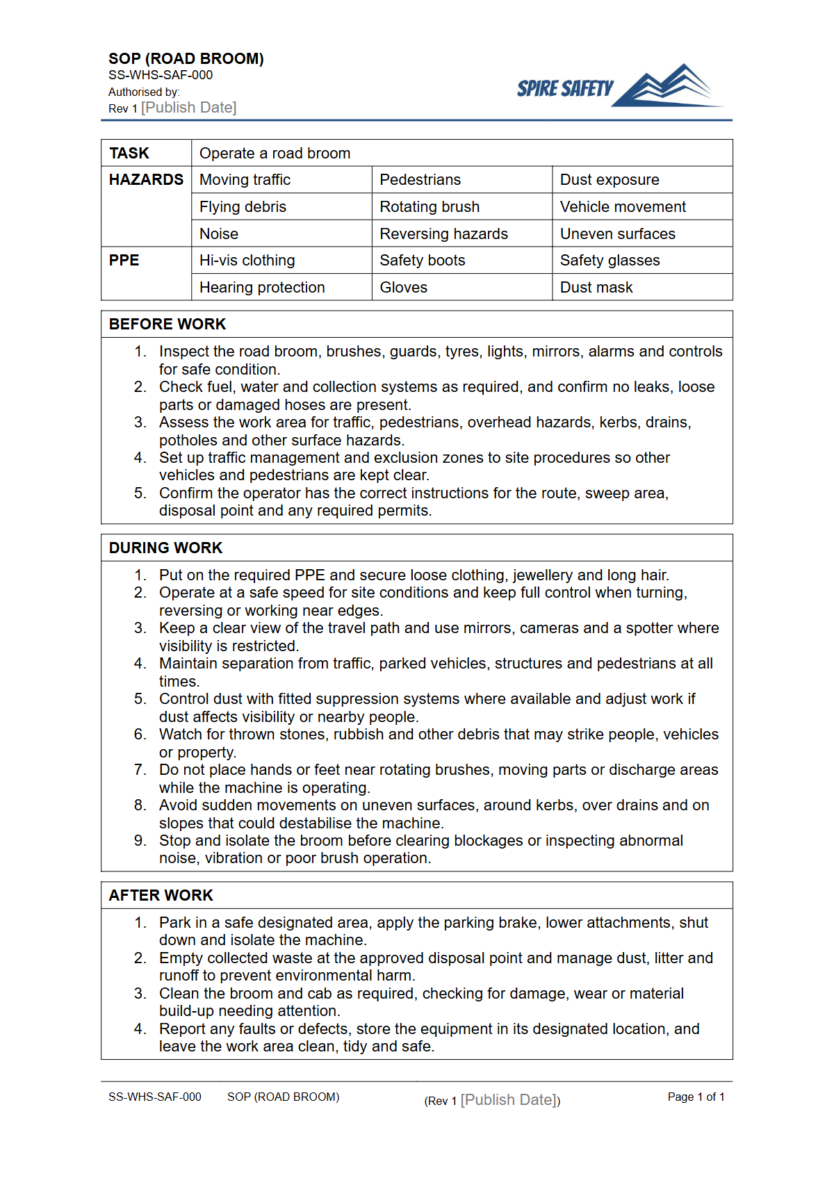 Free Safe Operating Procedure (Road Broom) Template — document preview