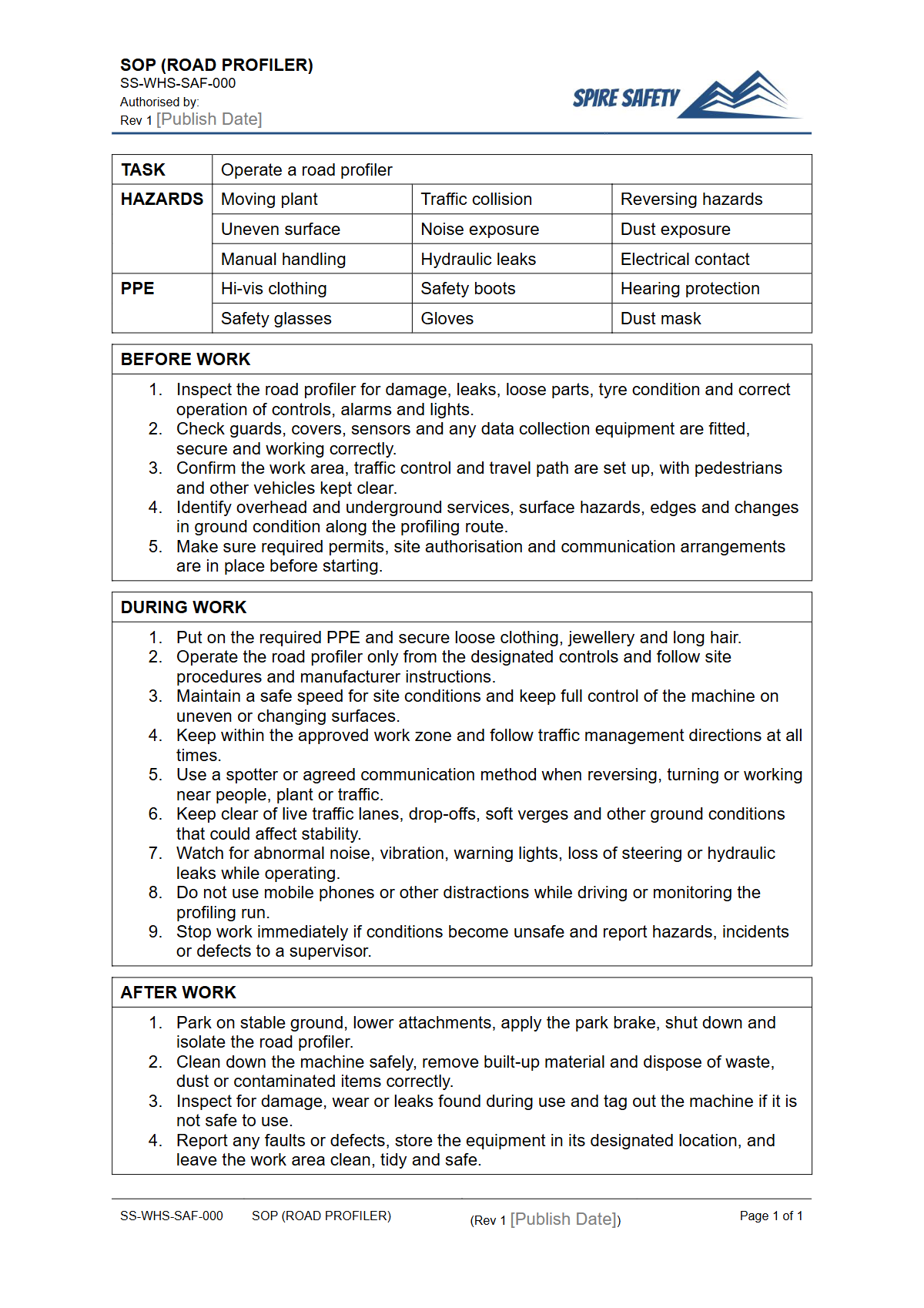 Free Safe Operating Procedure (Road Profiler) Template — document preview