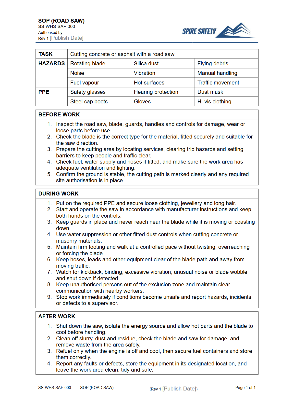 Free Safe Operating Procedure (Road Saw) Template — document preview