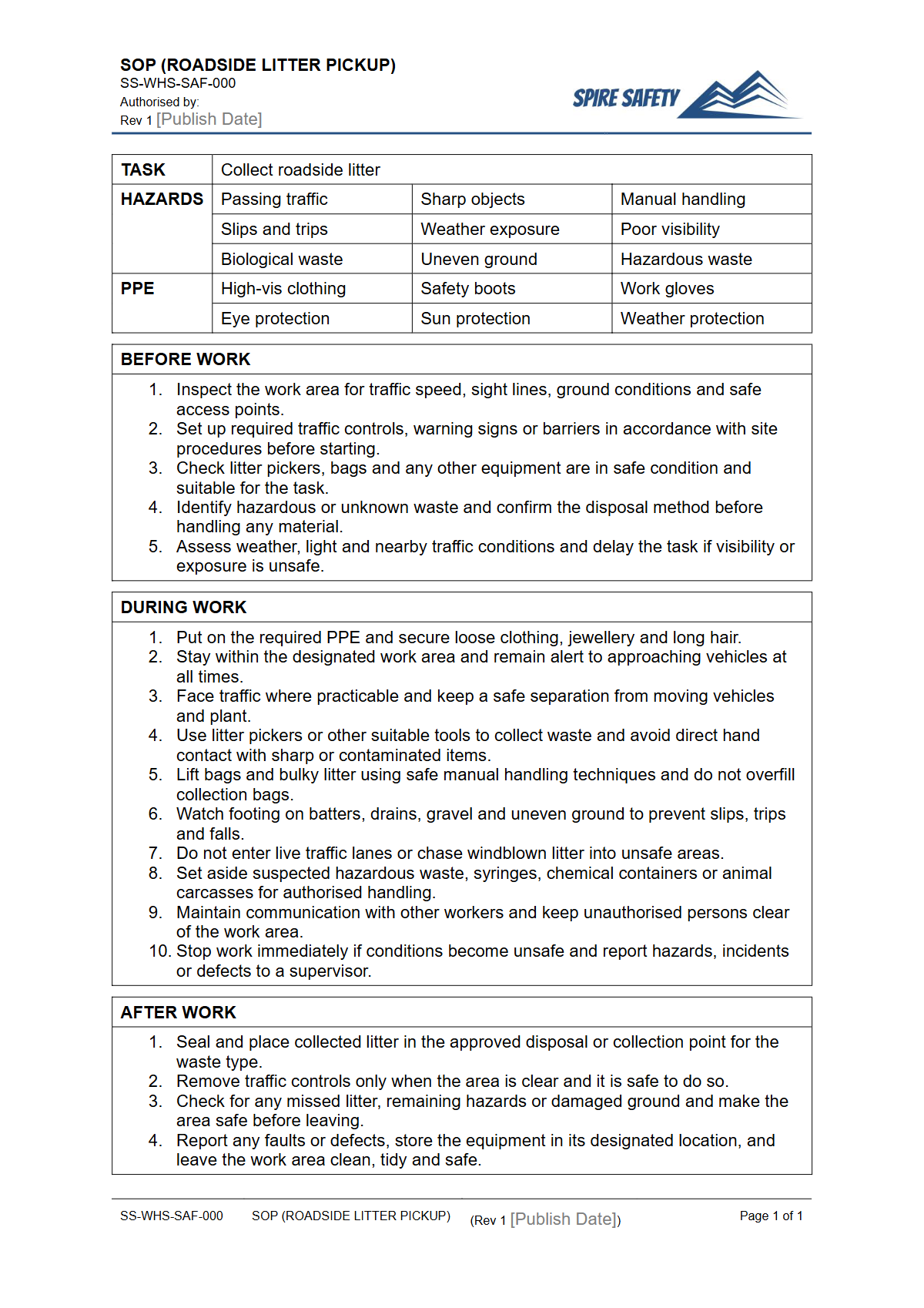 Free Safe Operating Procedure (Roadside Litter Pickup) Template — document preview