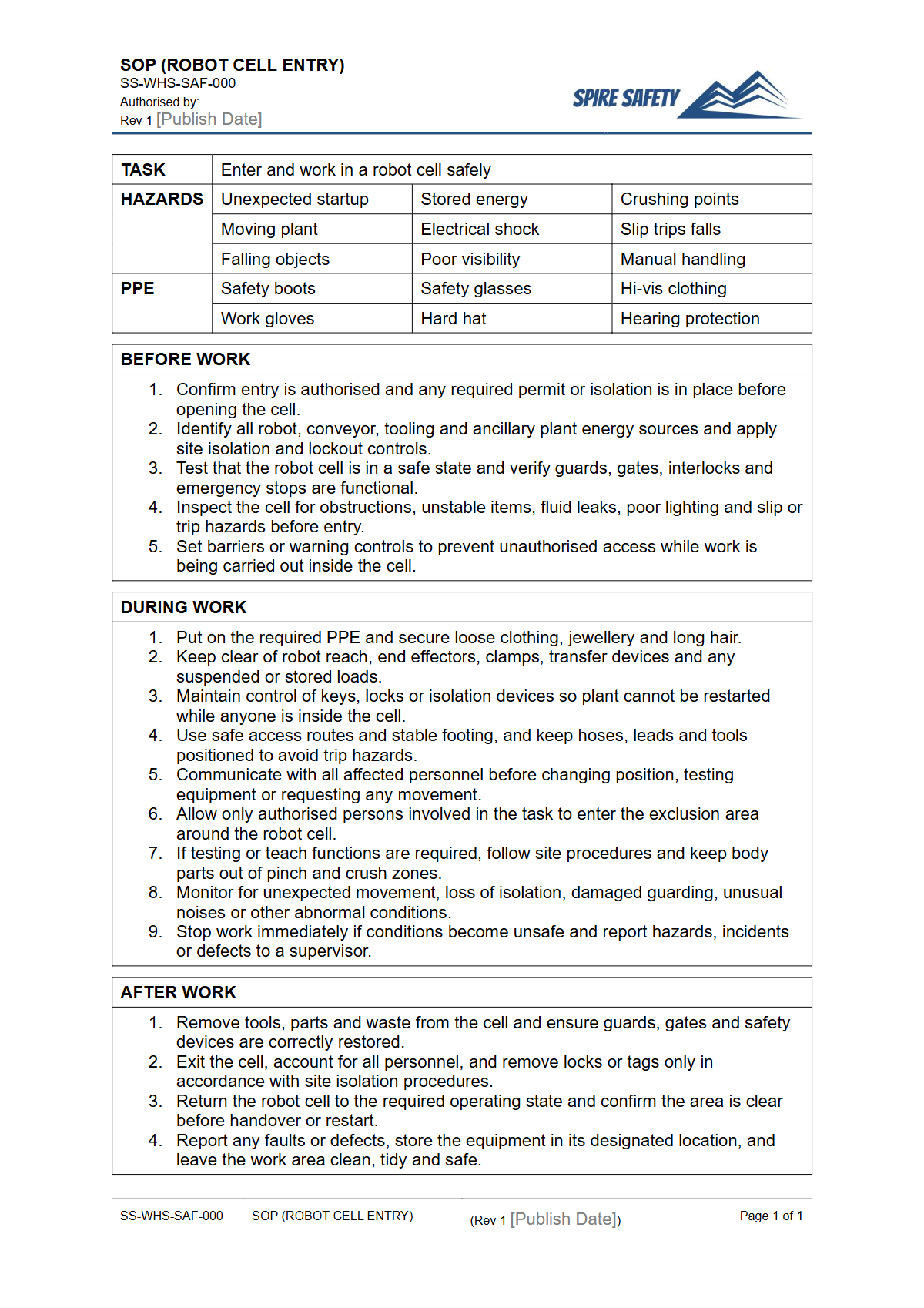 Free Safe Operating Procedure (Robot Cell Entry) Template — document preview