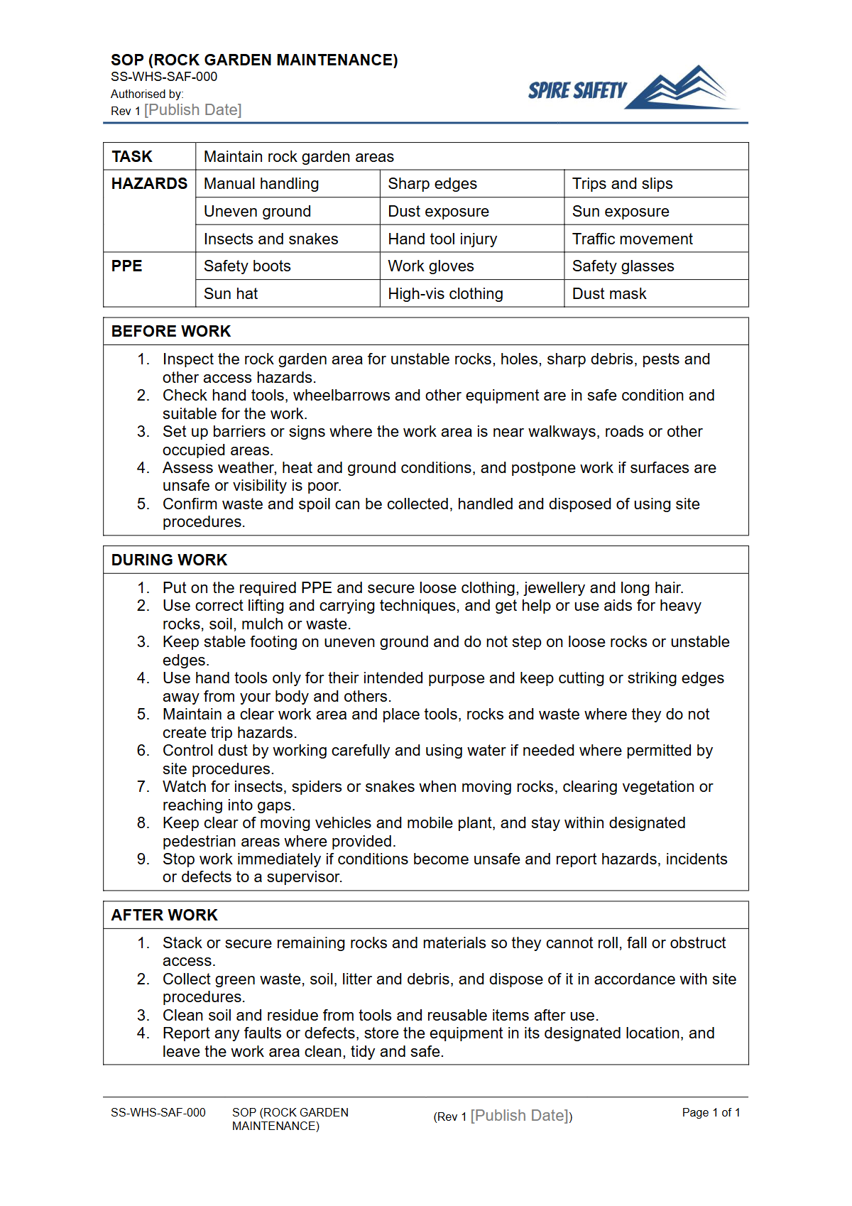 Free Safe Operating Procedure (Rock Garden Maintenance) Template — document preview