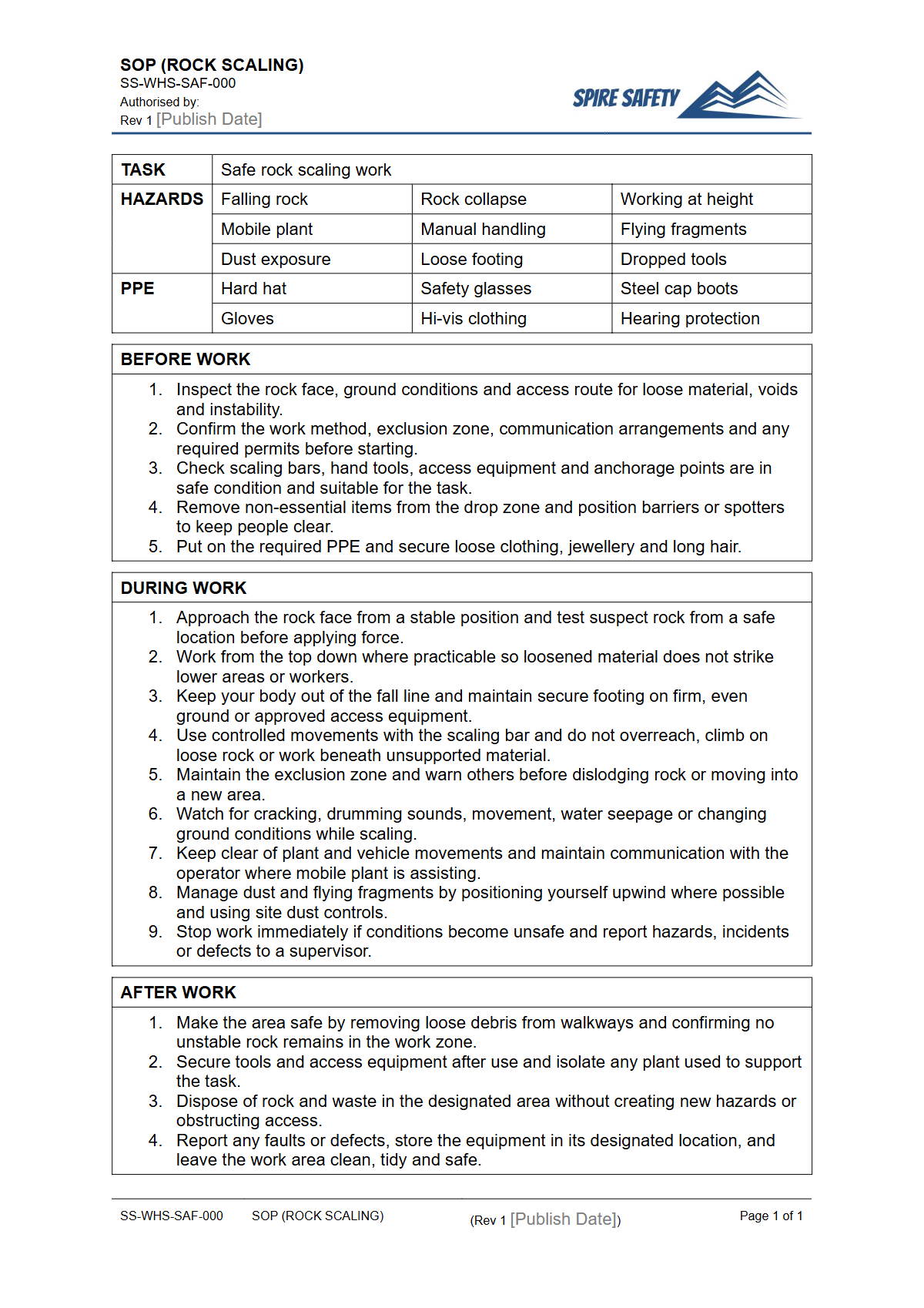 Free Safe Operating Procedure (Rock Scaling) Template — document preview