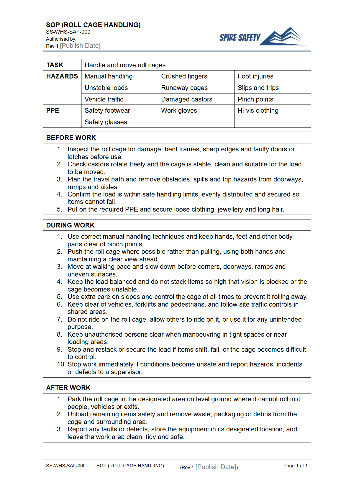Free Safe Operating Procedure (Roll Cage Handling) Template — document preview