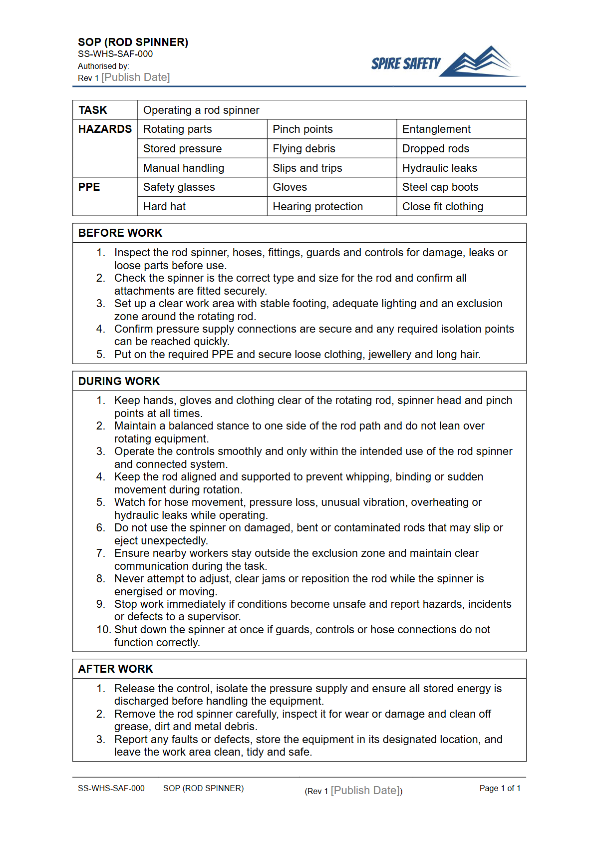 Free Safe Operating Procedure (Rod Spinner) Template — document preview