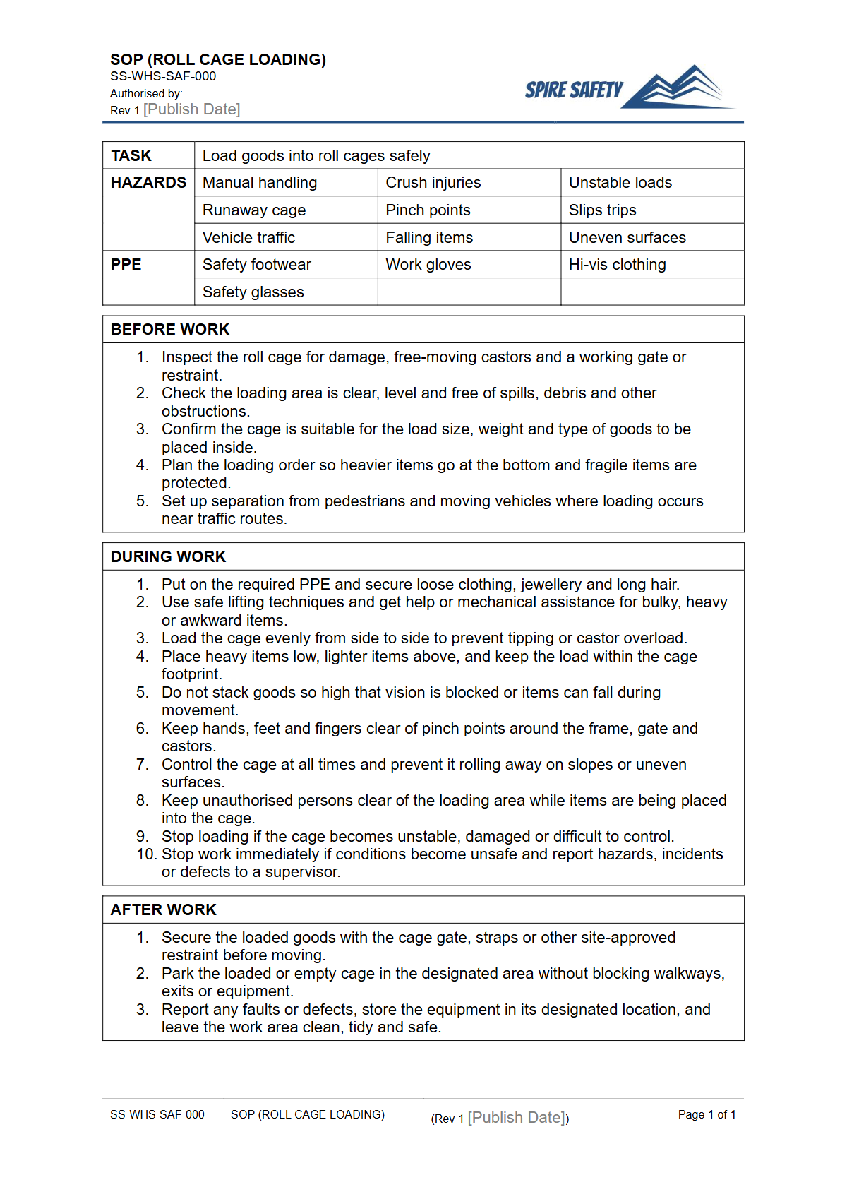 Free Safe Operating Procedure (Roll Cage Loading) Template — document preview