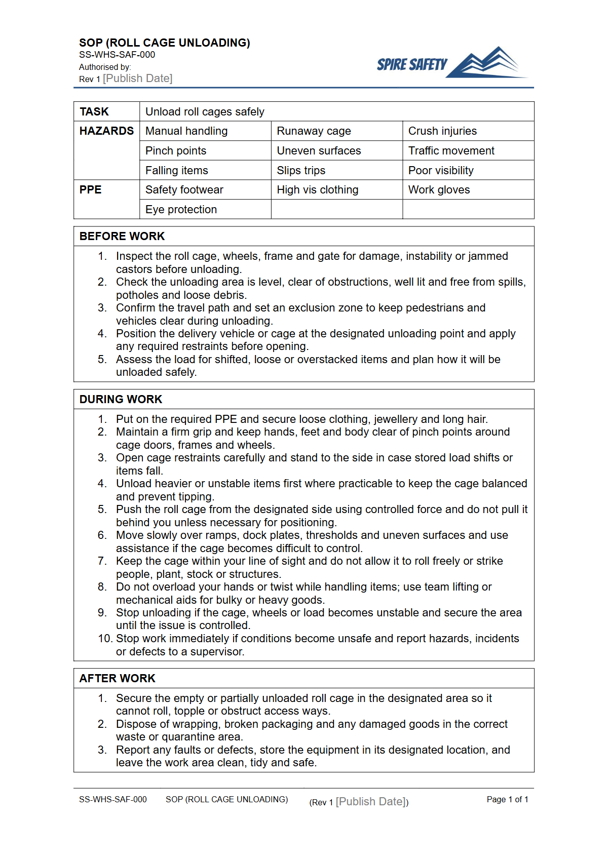 Free Safe Operating Procedure (Roll Cage Unloading) Template — document preview