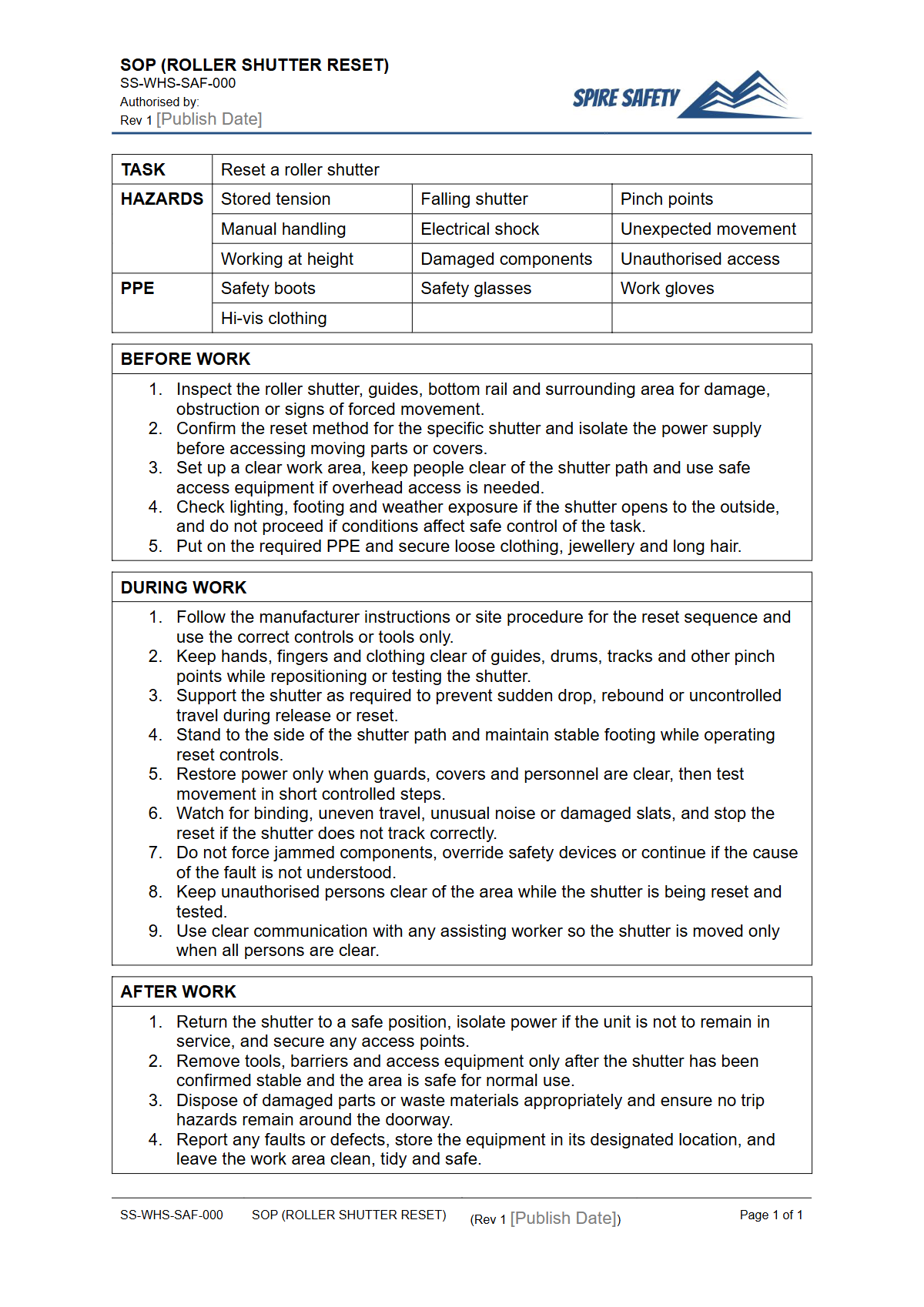 Free Safe Operating Procedure (Roller Shutter Reset) Template — document preview