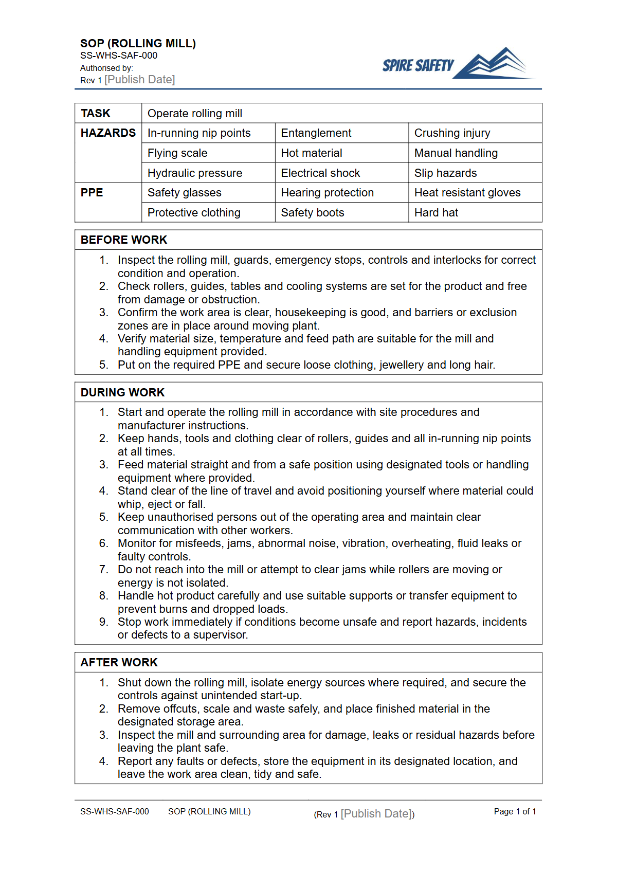 Free Safe Operating Procedure (Rolling Mill) Template — document preview