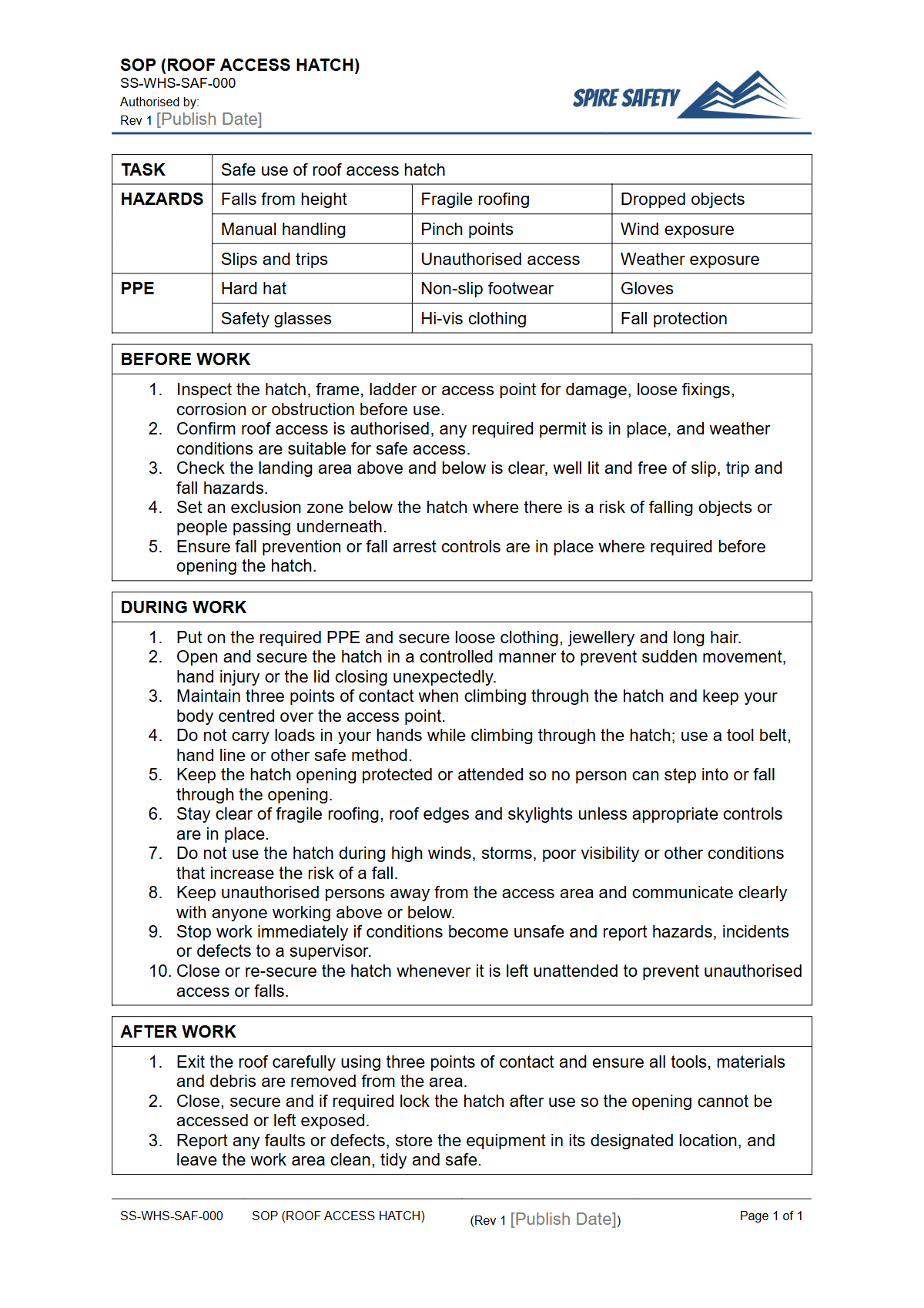 Free Safe Operating Procedure (Roof Access Hatch) Template — document preview