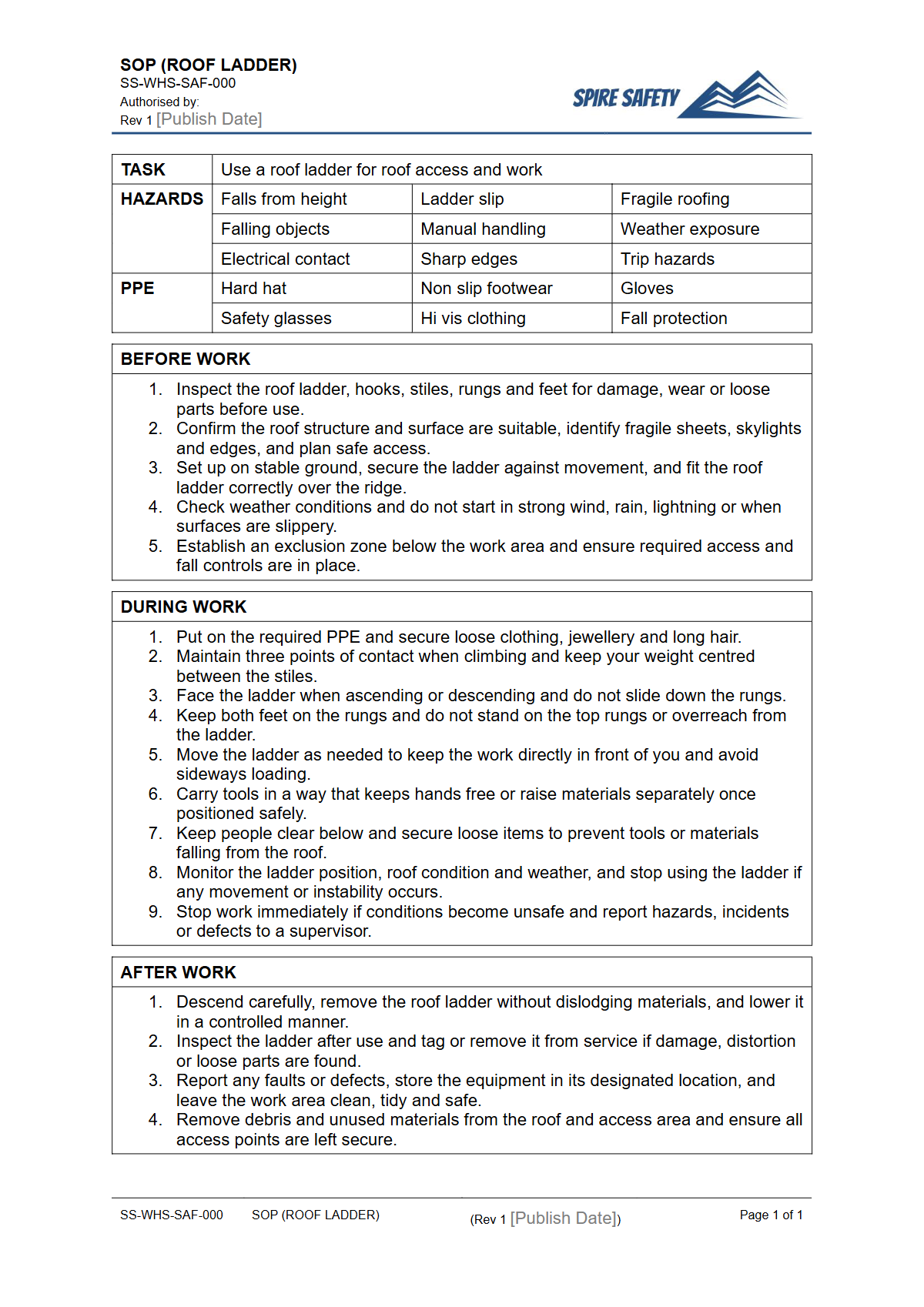 Free Safe Operating Procedure (Roof Ladder) Template — document preview