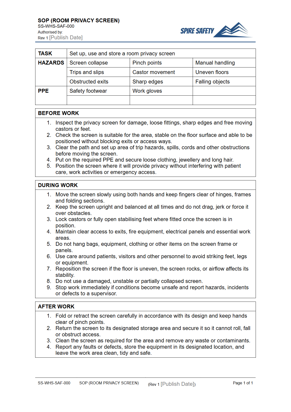Free Safe Operating Procedure (Room Privacy Screen) Template — document preview