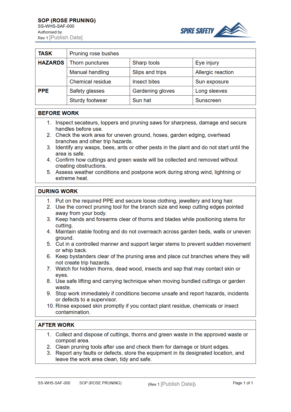 Free Safe Operating Procedure (Rose Pruning) Template — document preview