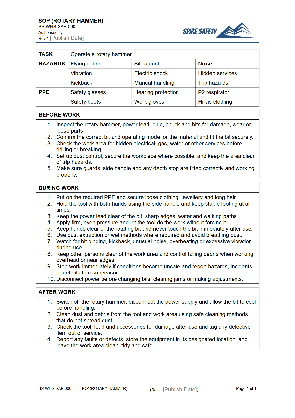 Free Safe Operating Procedure (Rotary Hammer) Template — document preview