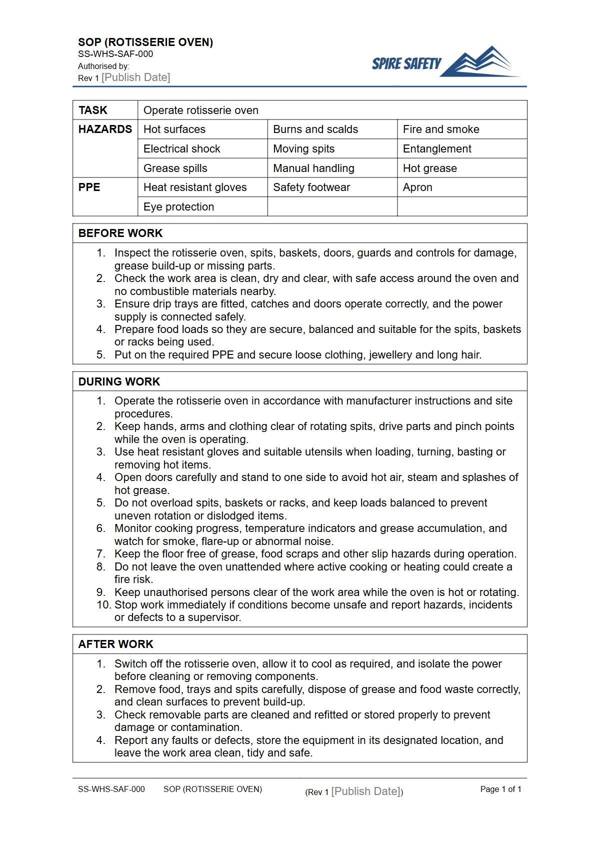 Free Safe Operating Procedure (Rotisserie Oven) Template — document preview