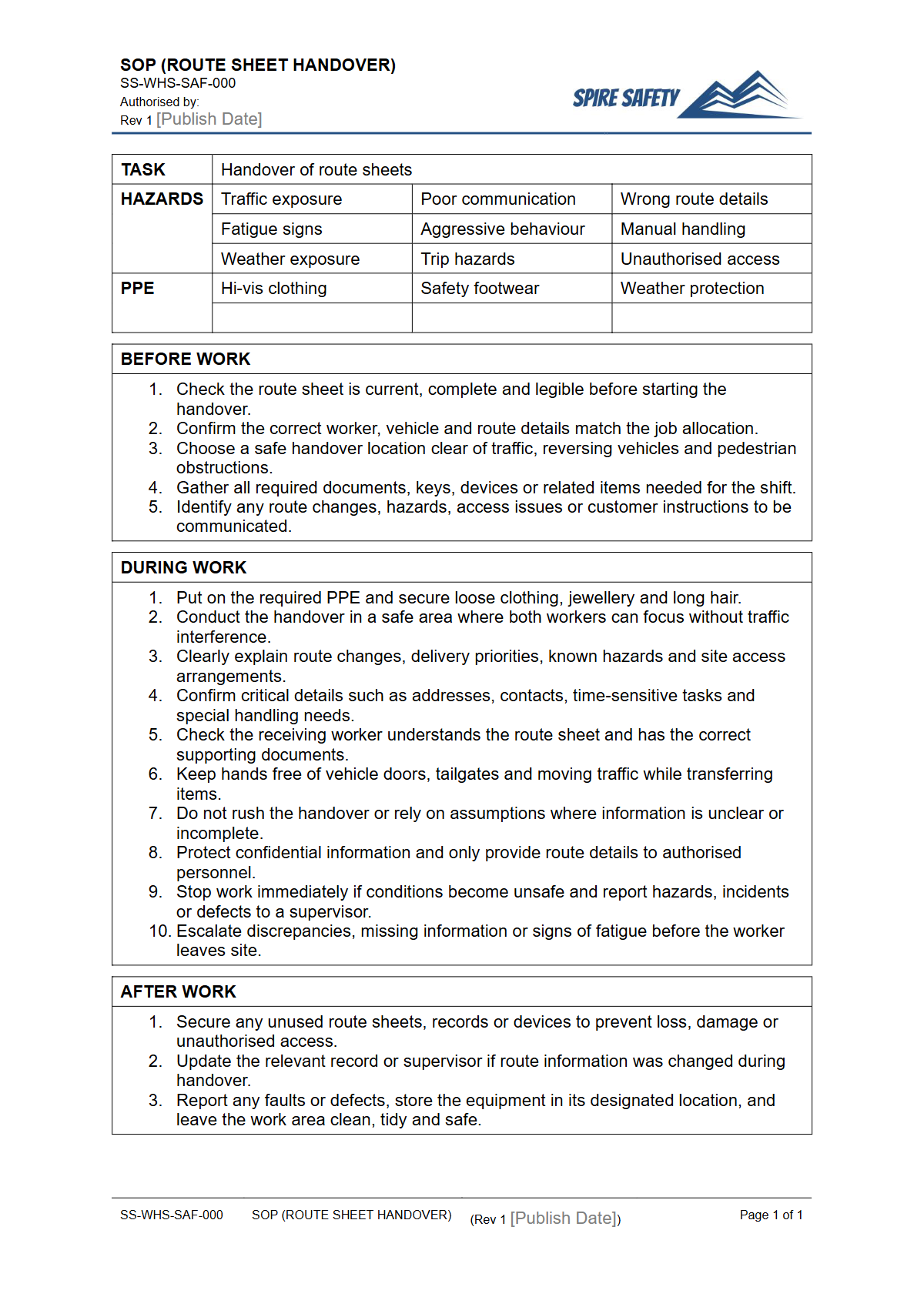 Free Safe Operating Procedure (Route Sheet Handover) Template — document preview