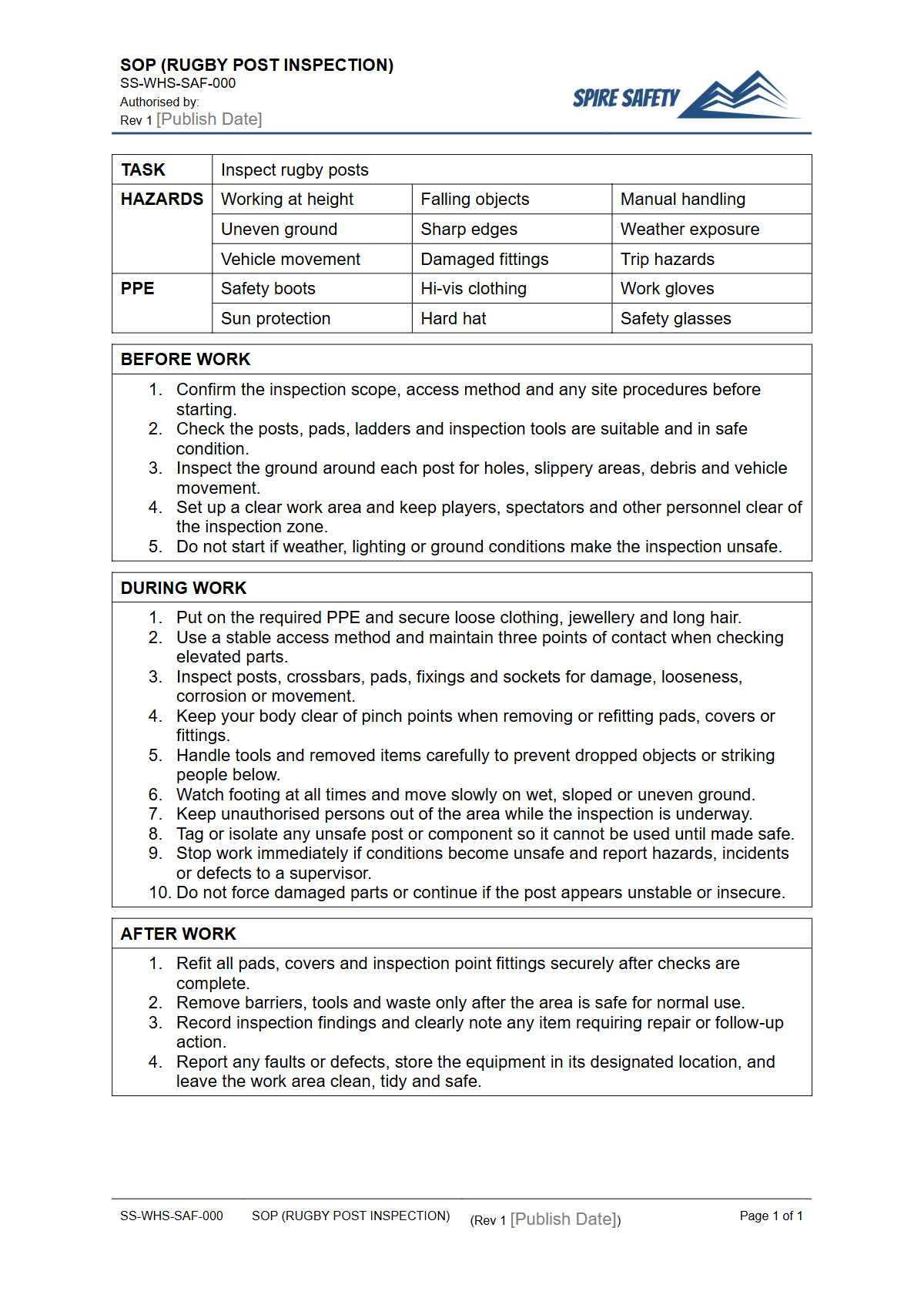 Free Safe Operating Procedure (Rugby Post Inspection) Template — document preview