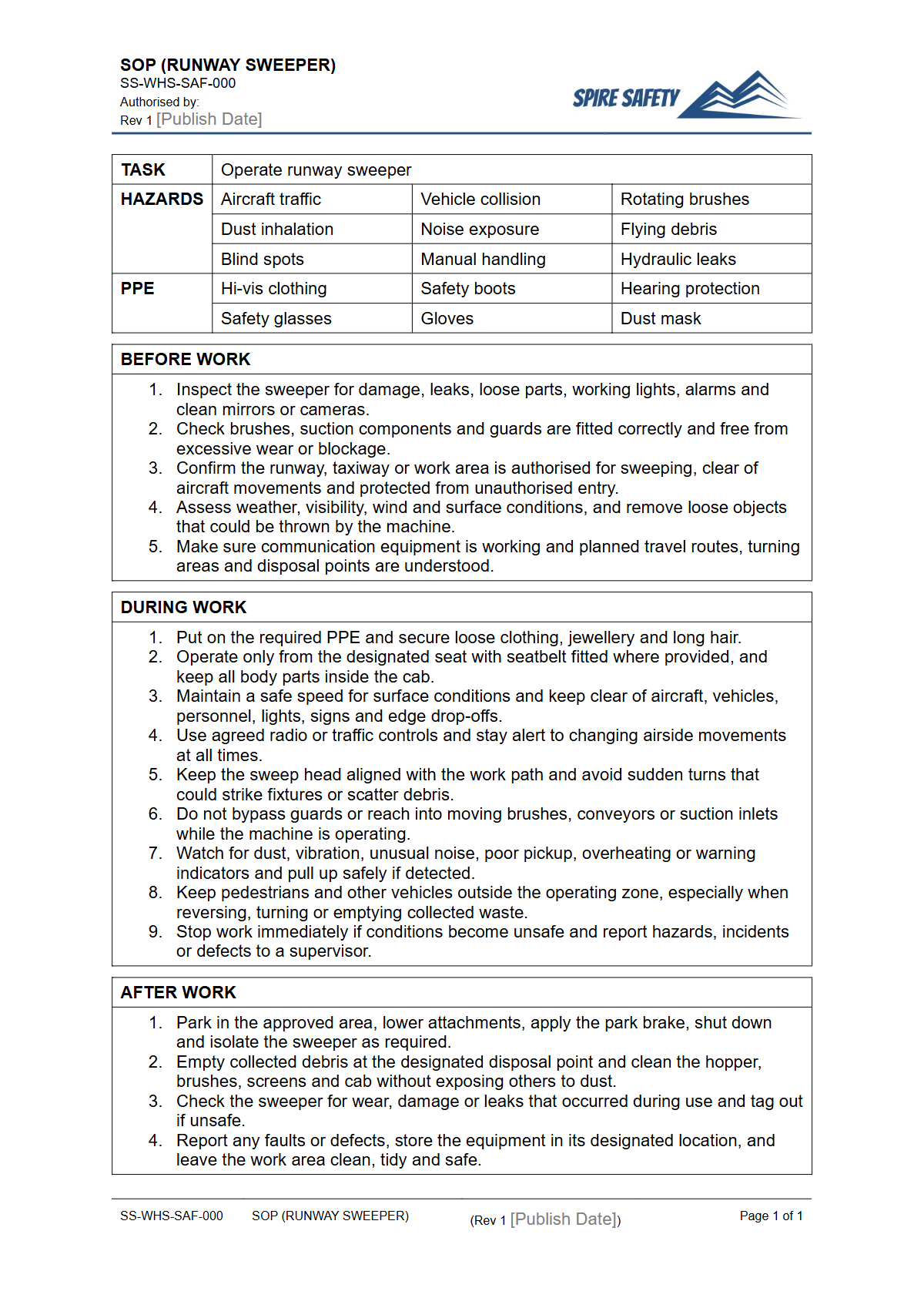 Free Safe Operating Procedure (Runway Sweeper) Template — document preview