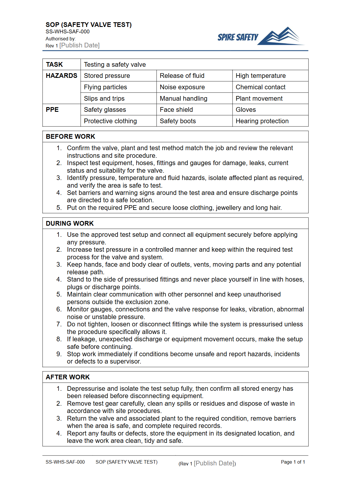 Free Safe Operating Procedure (Safety Valve Test) Template — document preview