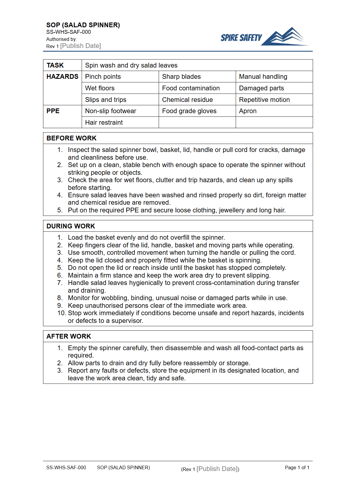 Free Safe Operating Procedure (Salad Spinner) Template — document preview